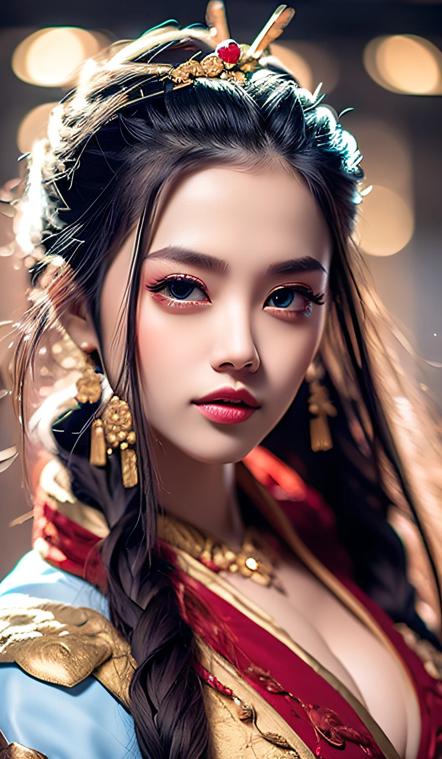 top-quality、masterpiece、hight resolution、Wuxi 1girl、(gold Chinese dress)、((Super beautiful face))、Super beautiful eyes、Super beautiful hair、(cleavage of the breast、exposed breast、Sexy cleavage、very highly detailed breasts)、