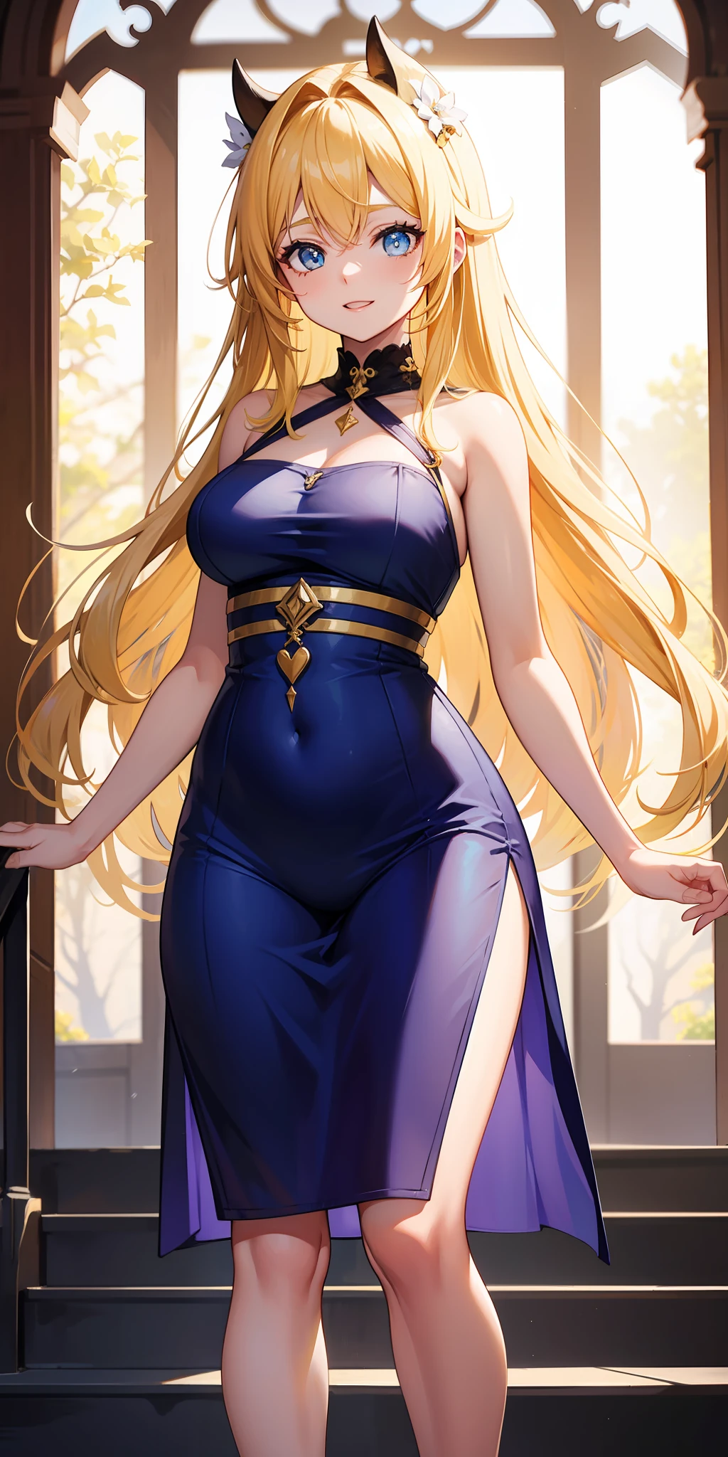 menina do anjo, Asas de anjo nas costas, vestido branco, pale skin, olhos azuis, orelha, nariz, boca aberta, sorridente, blonde hair, Neck strap, Ombros, peito grande, Arms, barriga, cintura fina, pernas grossas, coxa grande, Feet, piso, Standing