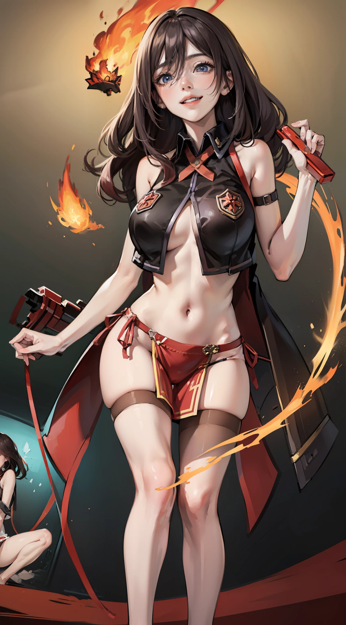 ((4K、masterpiece、top-quality))、full body Esbian、 One girl、独奏、Long Black Hair、(Red hair ornament)、A smile、is standing、Feet on Earth、bare-legged、Navel Ejection、(Red skimpy outfit、Knee-length transparent red loincloth、No panties)、Look down on your audience、(low angles:1.8)、A large flame flows on the girl's back、NSFW