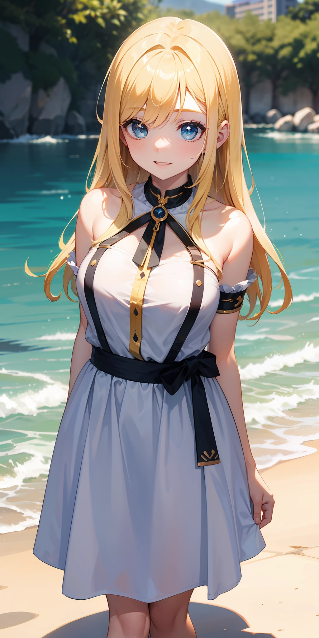 menina do anjo, Asas de anjo nas costas, vestido branco, pale skin, olhos azuis, orelha, nariz, boca aberta, sorridente, blonde hair, Neck strap, Ombros, peito grande, Arms, barriga, cintura fina, pernas grossas, coxa grande, Feet, piso, Standing