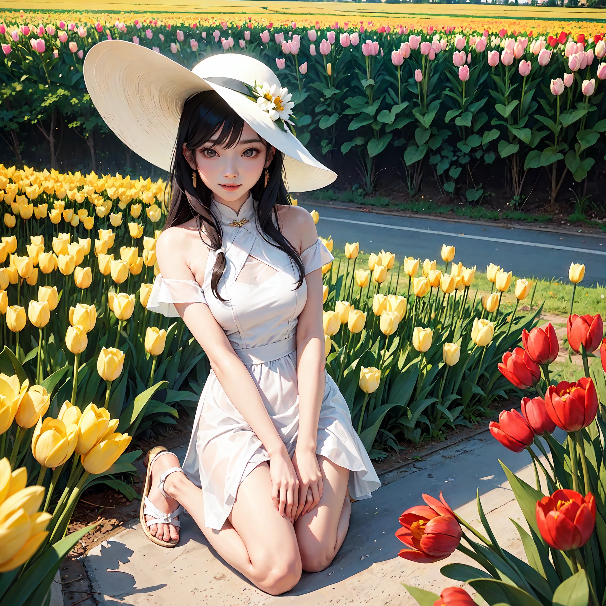 cute very pale chinese 20 year old woman in tulip field wearing a white halter dress and sunglasses, tulips are tall, wearing heeled sandals, subtle smile, tall and slim, long wavy hair, wearing a wide beige sun hat, kneeling, picking flowers, sitting in flower field, holding tulips and smelling them, dreamy expression