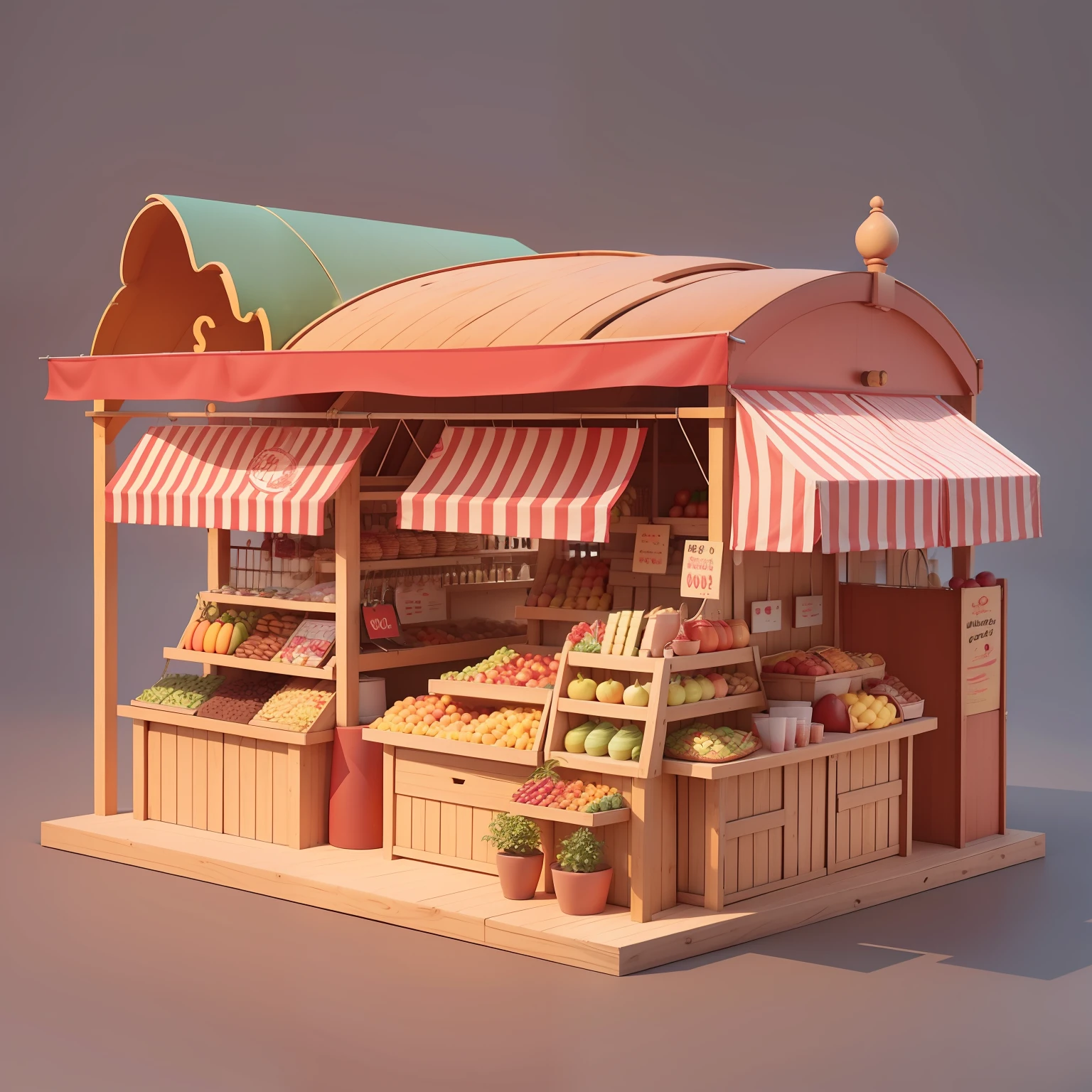 c4d，3D，cartoony，Cartoon illustration of wooden bracket with red and white awning, colored market stand, food stall, market stall,Merchant booths, Some stalls, Food stalls, flat, colored fruit stand, Market, Stand, Simple cartoon style, MarketaB, marketplace, red and brown color scheme, Simple illustration