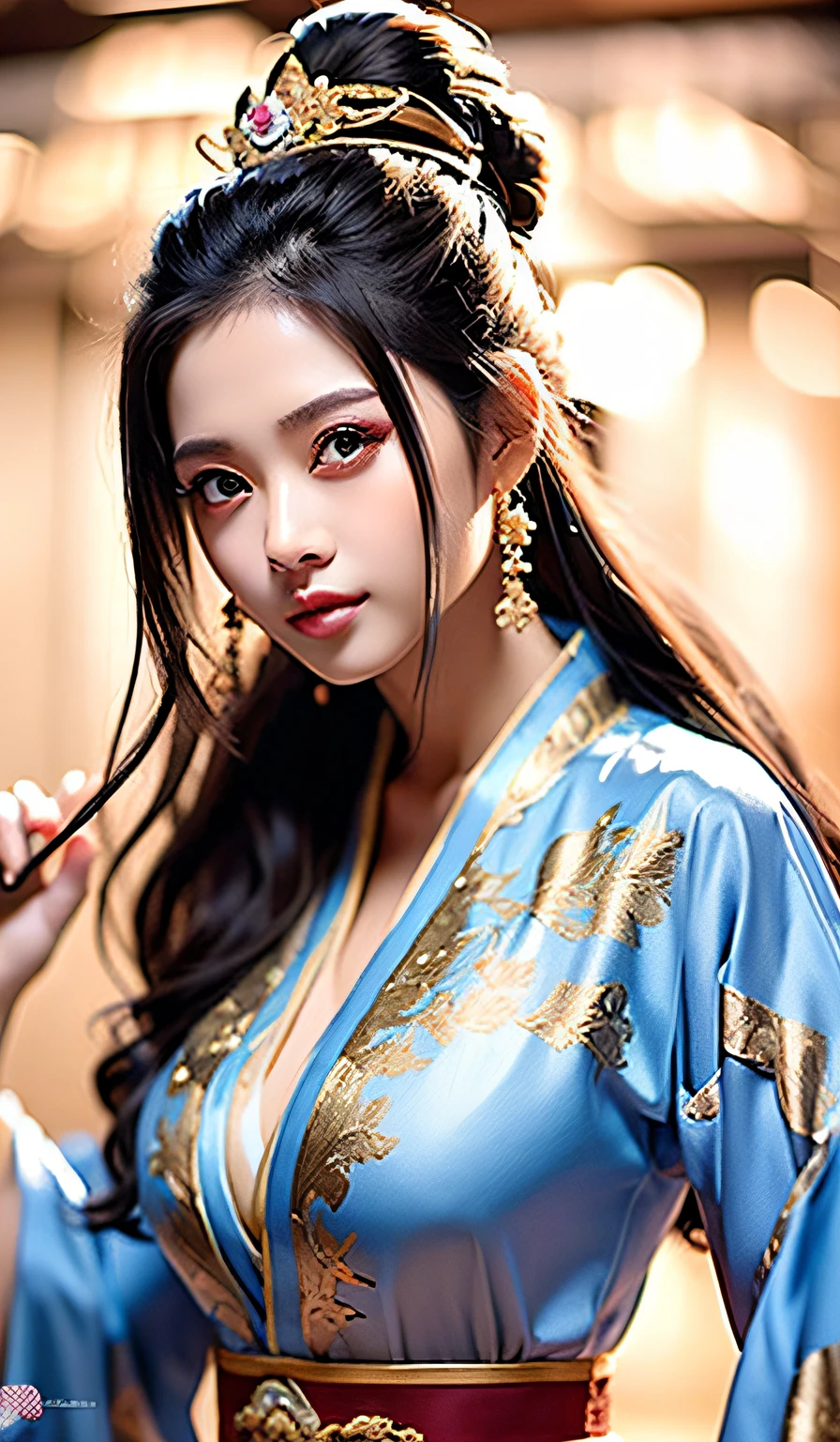 top-quality、masterpiece、hight resolution、Wuxi 1girl、(gold Chinese dress)、((Super beautiful face))、Super beautiful eyes、Super beautiful hair、(cleavage of the breast、exposed breast、Sexy cleavage、very highly detailed breasts)、