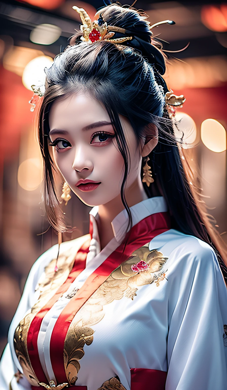 top-quality、​masterpiece、hight resolution、Wuxi 1girl、(gold Chinese dress)、((Super beautiful face))、Super beautiful eyes、Super beautiful hair、(cleavage of the breast、exposed breast、Sexy cleavage、very highly detailed breasts)、