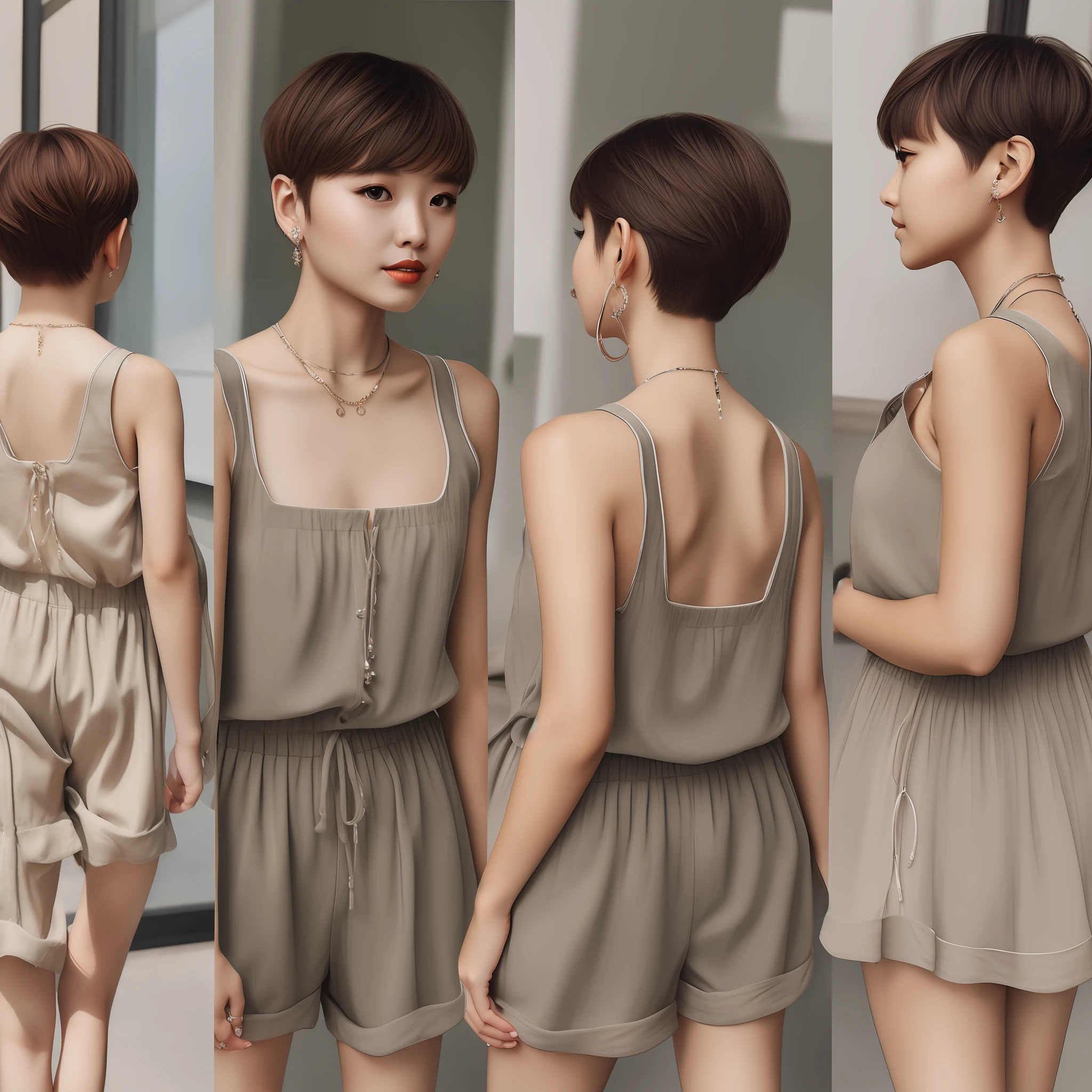 top-quality、detaileds、masterpiece、girl with、Multiple people、Earpiece、Very huge、boyish、a pixie cut、Short neckline、Through the mirror、Upper eyes