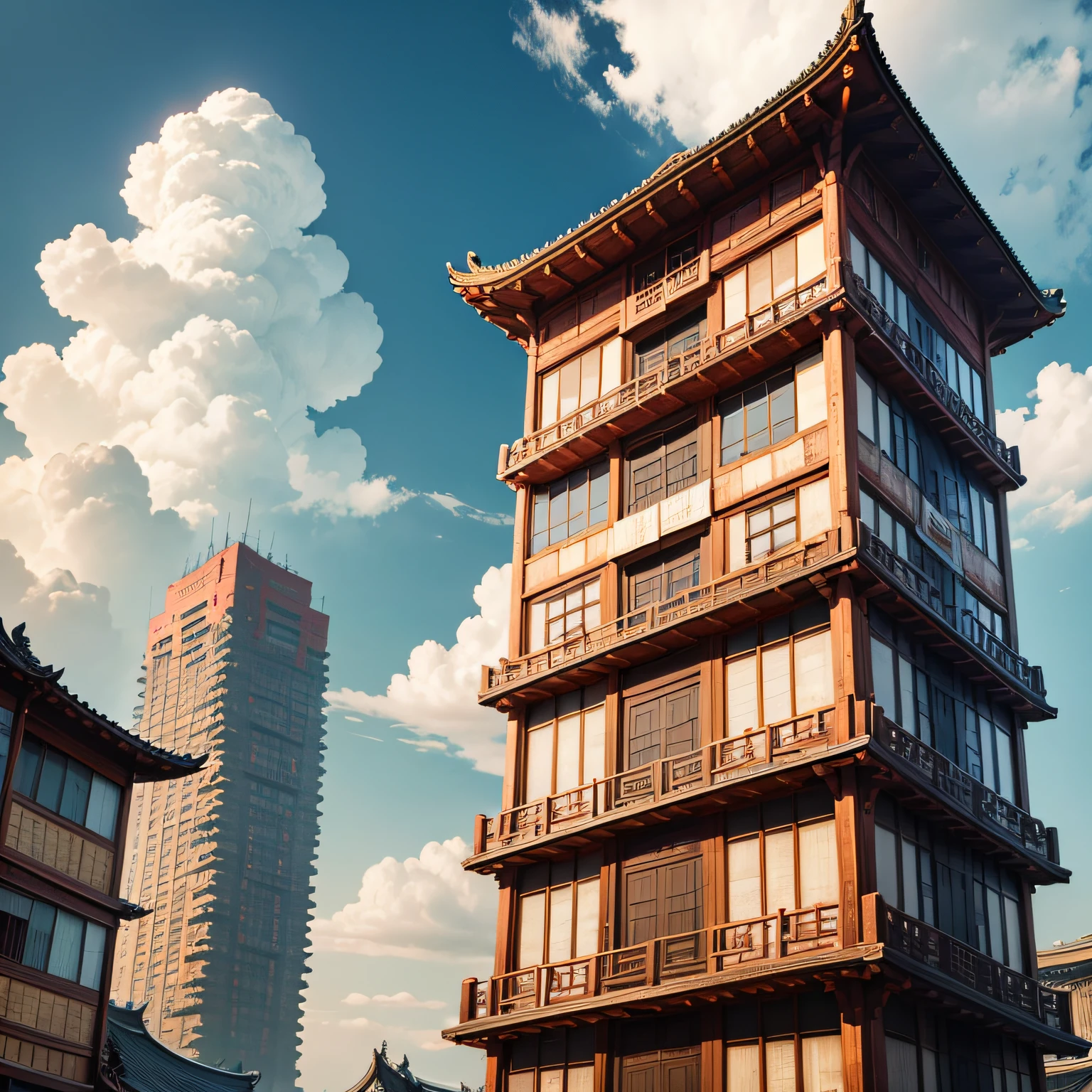 Ancient wind，Quaint，Chinese，Restaurant hostel，towering，The exterior of the entire building，wood，high rise，towering，Located in the middle of ancient China，Individual building，with blue sky and white clouds