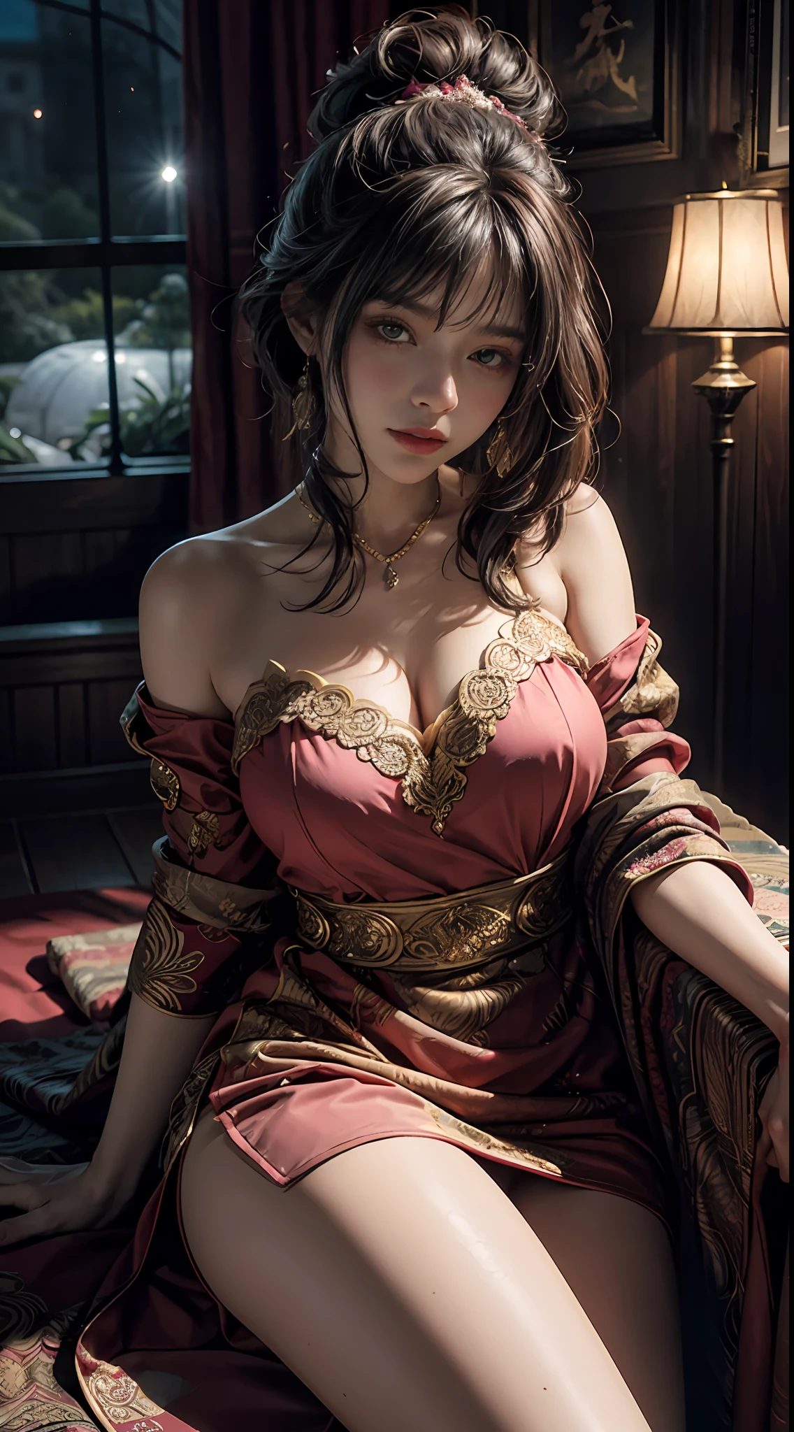 The art depicts a charming woman dressed in a flowing, silky traditional oriental dress, pink, decorated with intricate patterns and bright colors. Her dress drapes elegantly over her curvy figure, accentuating her seductive silhouette. She stood gracefully in the quiet moonlit night, bathed in the soft glow of the moonlight. The scene exudes an ethereal and dreamy atmosphere, with a touch of mystery and sexiness. The graphic style blends watercolor and digital illustration techniques to evoke a refined beauty and charm. The lights are filled with soft moonlight, casting soft highlights and shadows on her charming features. Bare thighs, big breasts, three-dimensional facial features, sitting, upturned legs. Another woman is hugging and kissing her. Lesbian, kiss