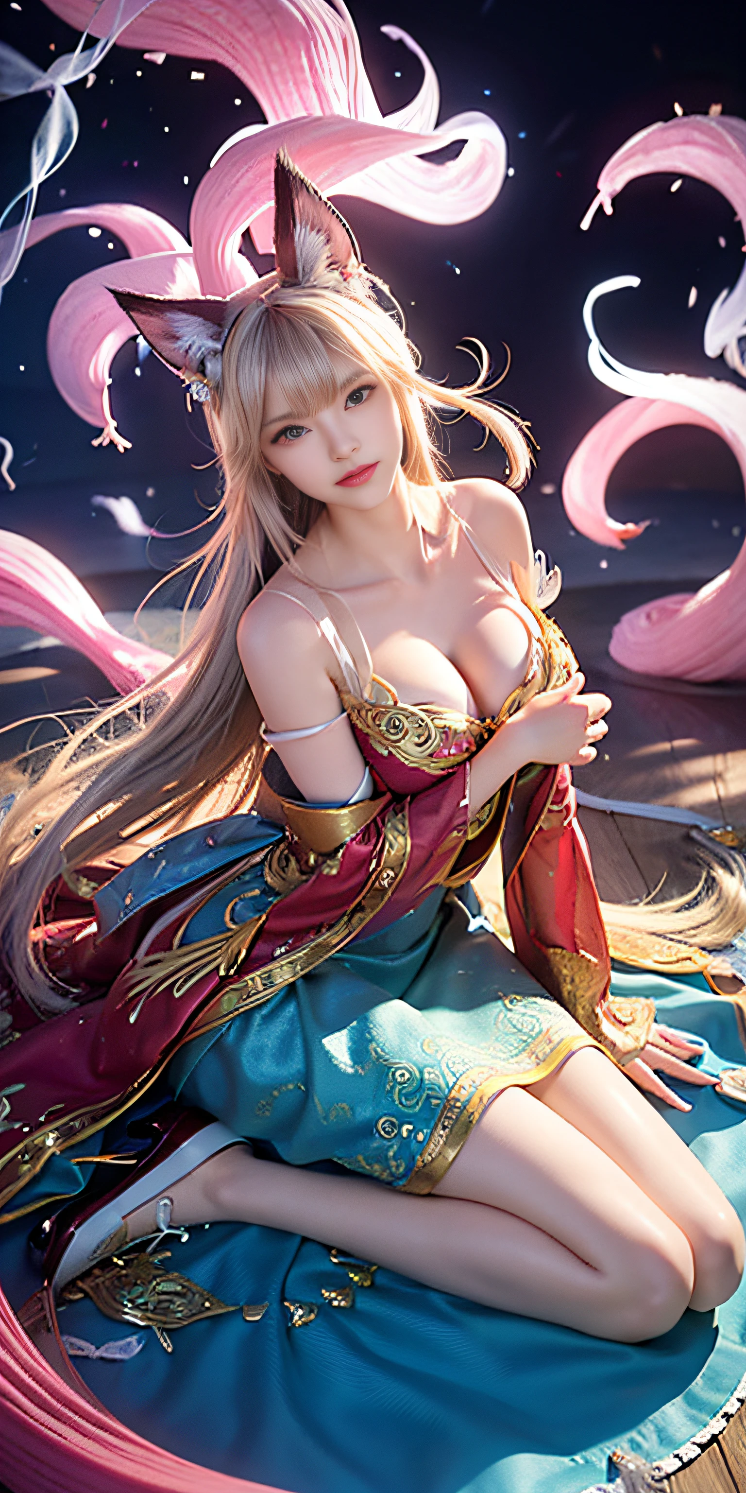 ahri, 1girl in, portrate, Solo, 9 tails, flower field, florals, (White smoke:1.3) (Photorealistic:1.4), Zentangle, mandalas, Entangle, Official art, Unity 8k壁纸, ultra-detailliert, Beautiful and aesthetic, masutepiece, Best Quality, (Dynamic Angle:1.4), Glowing skin, (floating colorful sparkles:1) Most Beautiful Form of Chaos, Elegant, a brutalist designed, vivd colour, Romanticism Depth of Field