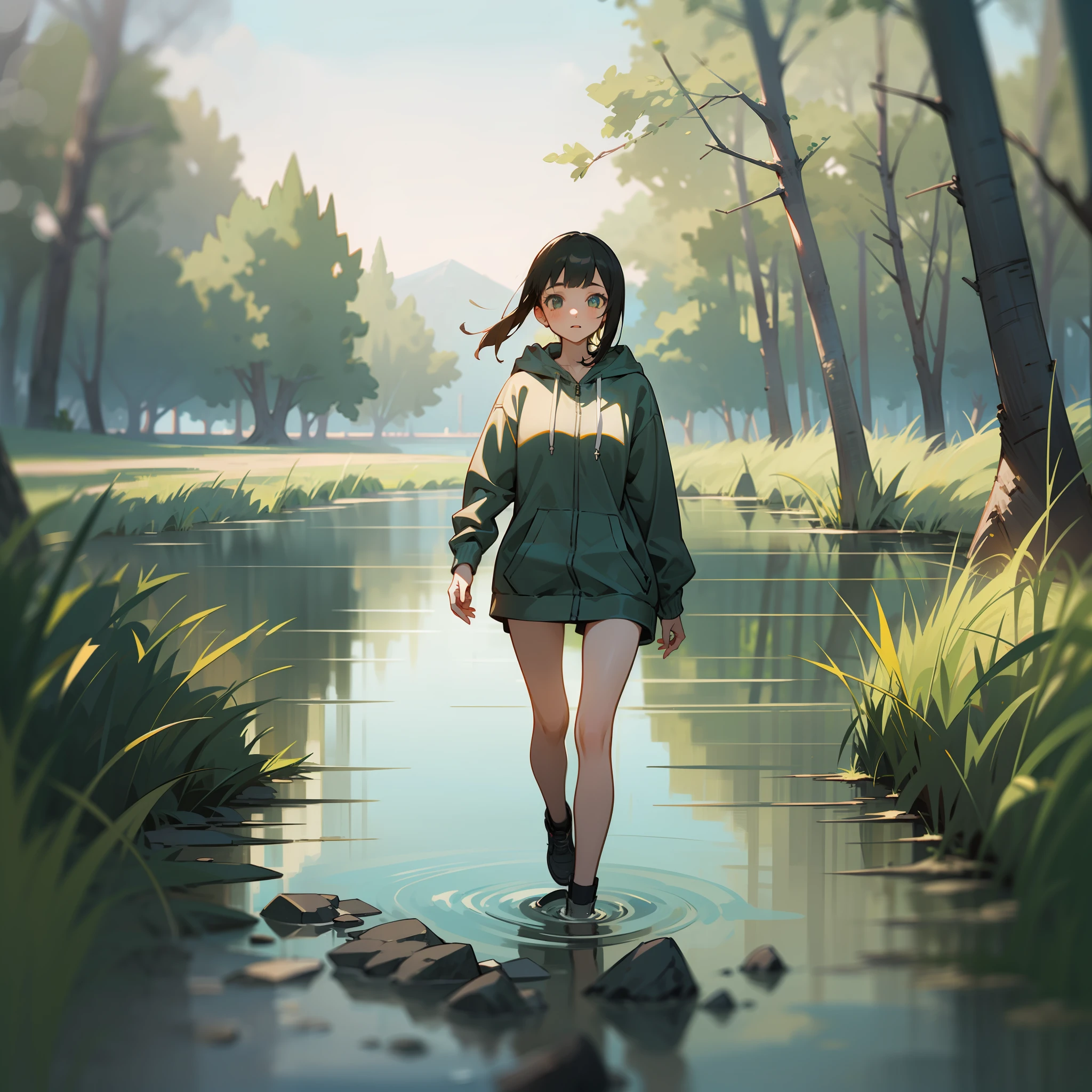 mksks style, (very detailed background:1.0), (highly detailed background:1.0), 1girl, full_body, looking_at_viewer, hoodie, partially_unzipped, masterpiece, best quality, (1girl, solo, girl:1.2), lake, grass, walking on water, jumping, stone ruins, chromatic aberration, depth of field, soft lighting