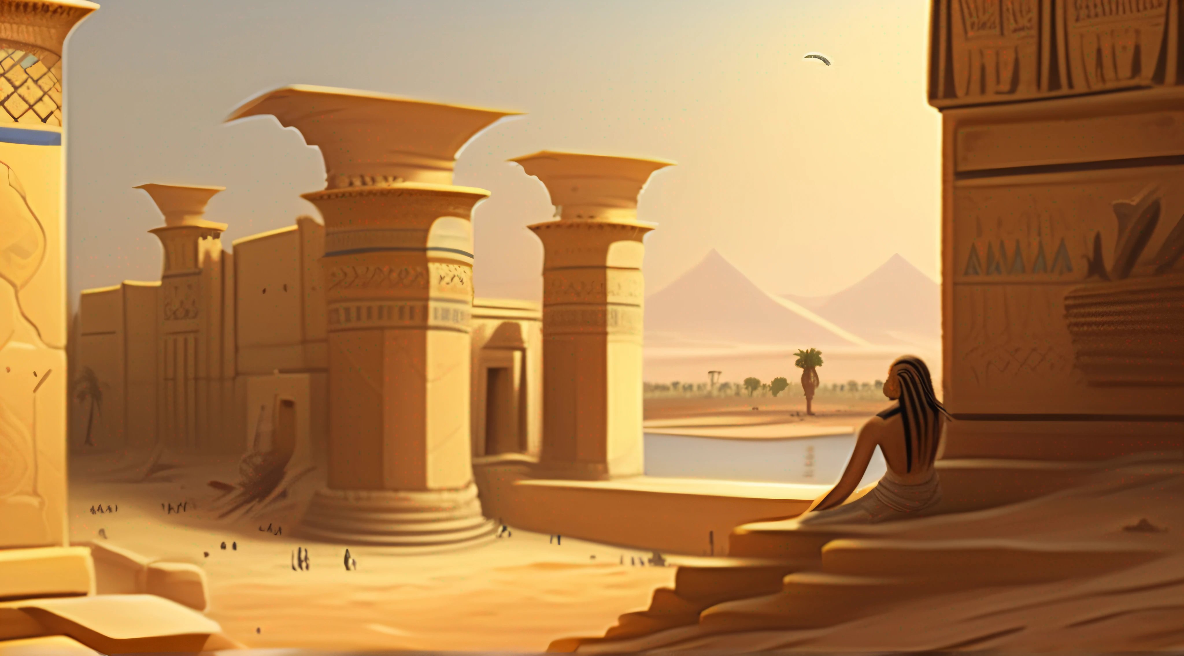 Scenery Beyond the Walls of the Palace of Ancient Egypt:Imposing palace in the background, with high wallsCharacter watching the horizon beyond the wallsVast and enigmatic desert stretching to the horizonDistant pyramids on the horizonNile River snaking through the golden sandsGuardian sphinxes along the wayLush oasis amid the aridity of the desertBirds flying in the clear skiesWarm and golden tones characteristic of Ancient EgyptSense of mystery and vastness of the scenery beyond the walls.