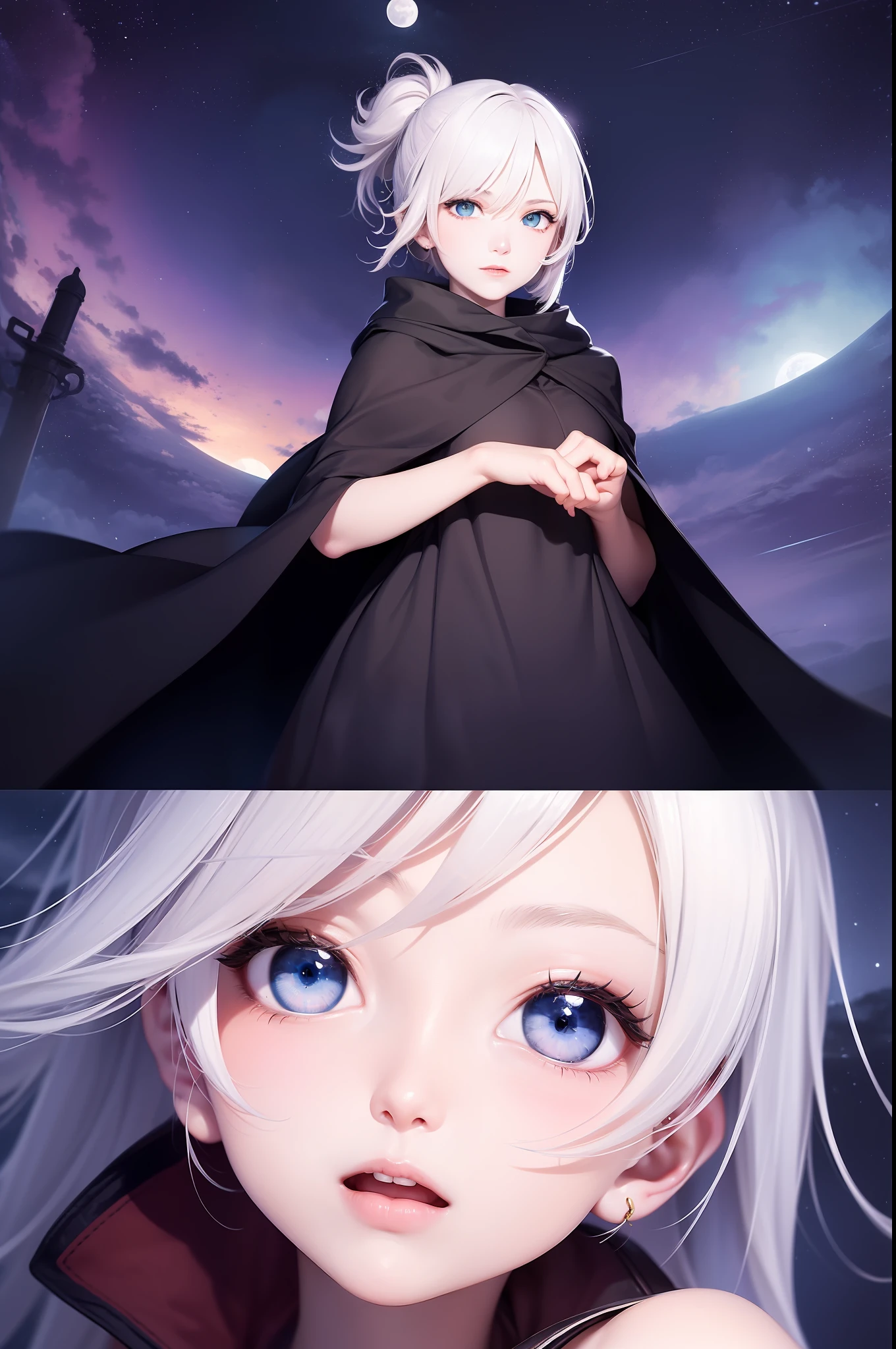 Masterpiece, (Best Quality: 1.2), (Super Fine: 1.2), Illustration, (Extremely Delicate and Beautiful: 1.2), Film Angle, Floating, (Beautiful Detail Eye: 1.1), (Detail Light: 1.1), Film Lights, Delicate Sky, Woman, White Hair, Blue Eyes, (High Ponytail: 1.1), Cloak, Glowing Eyes, (Moon: 1.2), (Moonlight: 1.1), Starry Sky, (Light Particles: 1.1), Fog , snow painting, sketching, blooming