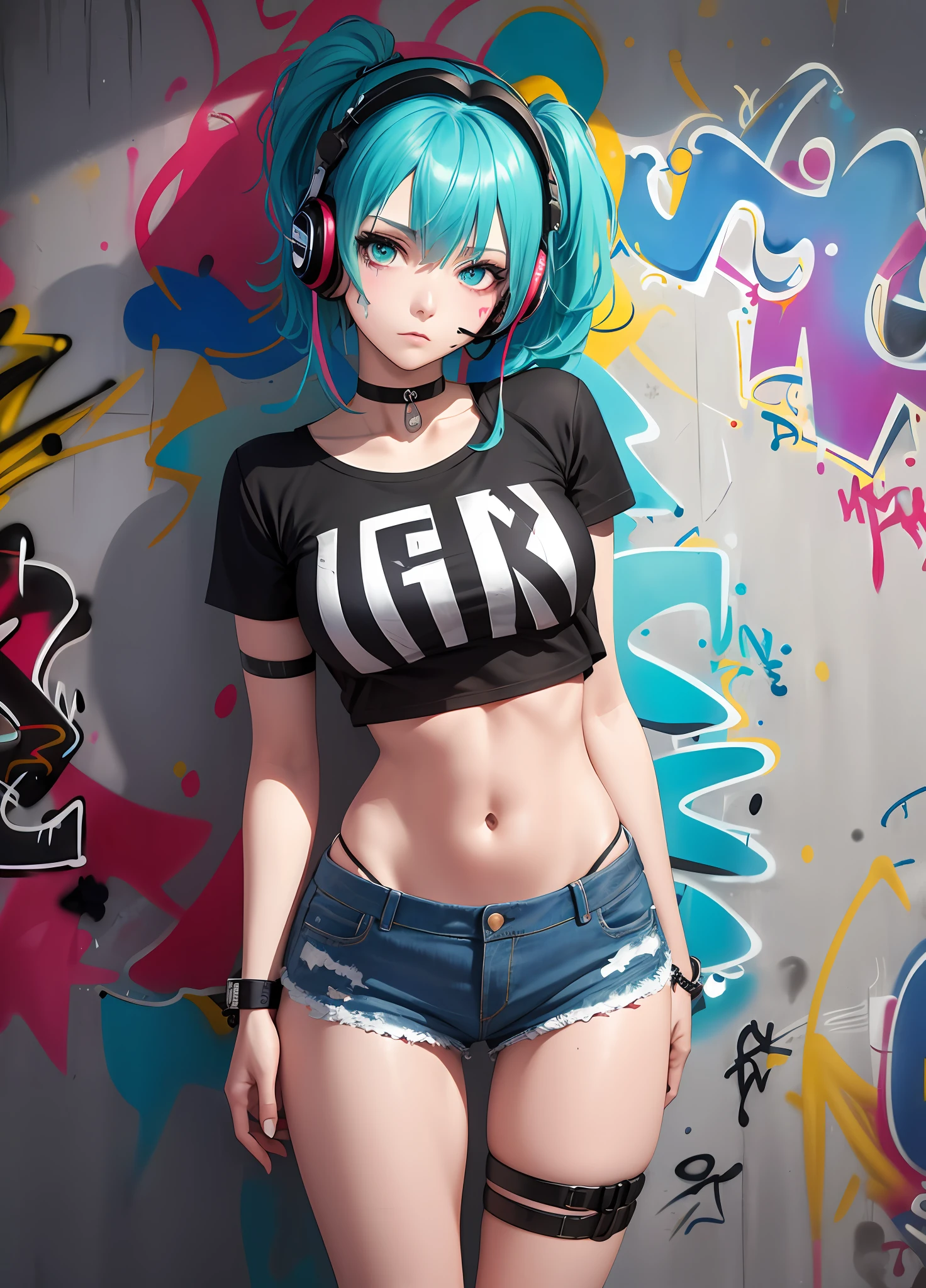 masterpiece, best quality, 1girl, solo, crop top, denim shorts, choker, (graffiti:1.5), paint splatter, arms behind back, against wall, looking at viewer, armband, thigh strap, paint on body, head tilt, bored, multicolored hair, aqua eyes, headset,