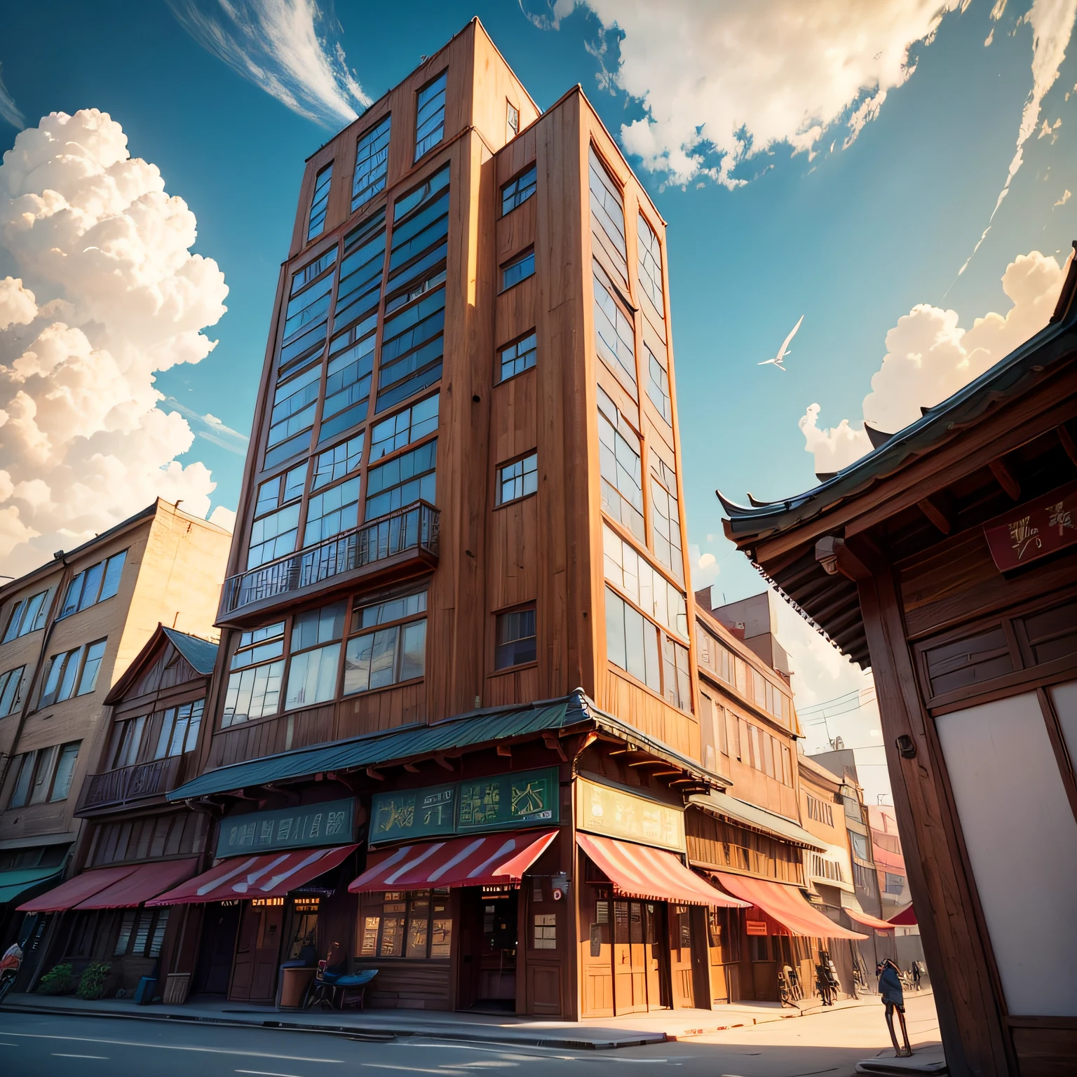 Ancient wind，Quaint，Chinese，Restaurant hostel，towering，The exterior of the entire building，wood，high rise，towering，Located in a bustling downtown area，Individual building，with blue sky and white clouds