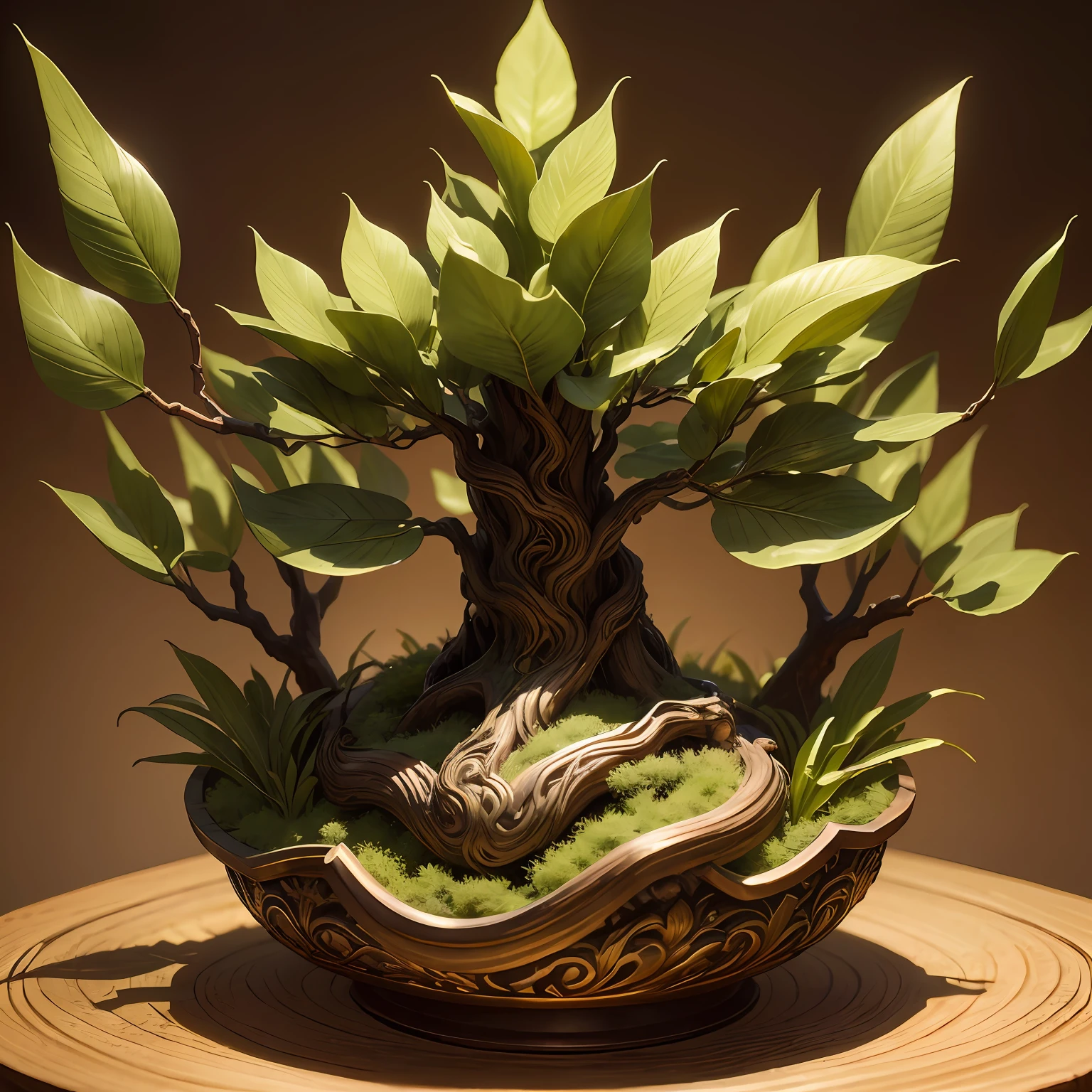 Sanxingdui bronze divine tree picture quality HD，detail-rich，A lifelike bronze sacred tree，Mysterious and solemn atmosphere，The sacred tree thrives，A sacred breath，Antique carvings，Golden glow，Vegetation thrives，The environment is green，A solemn and ancient scene。