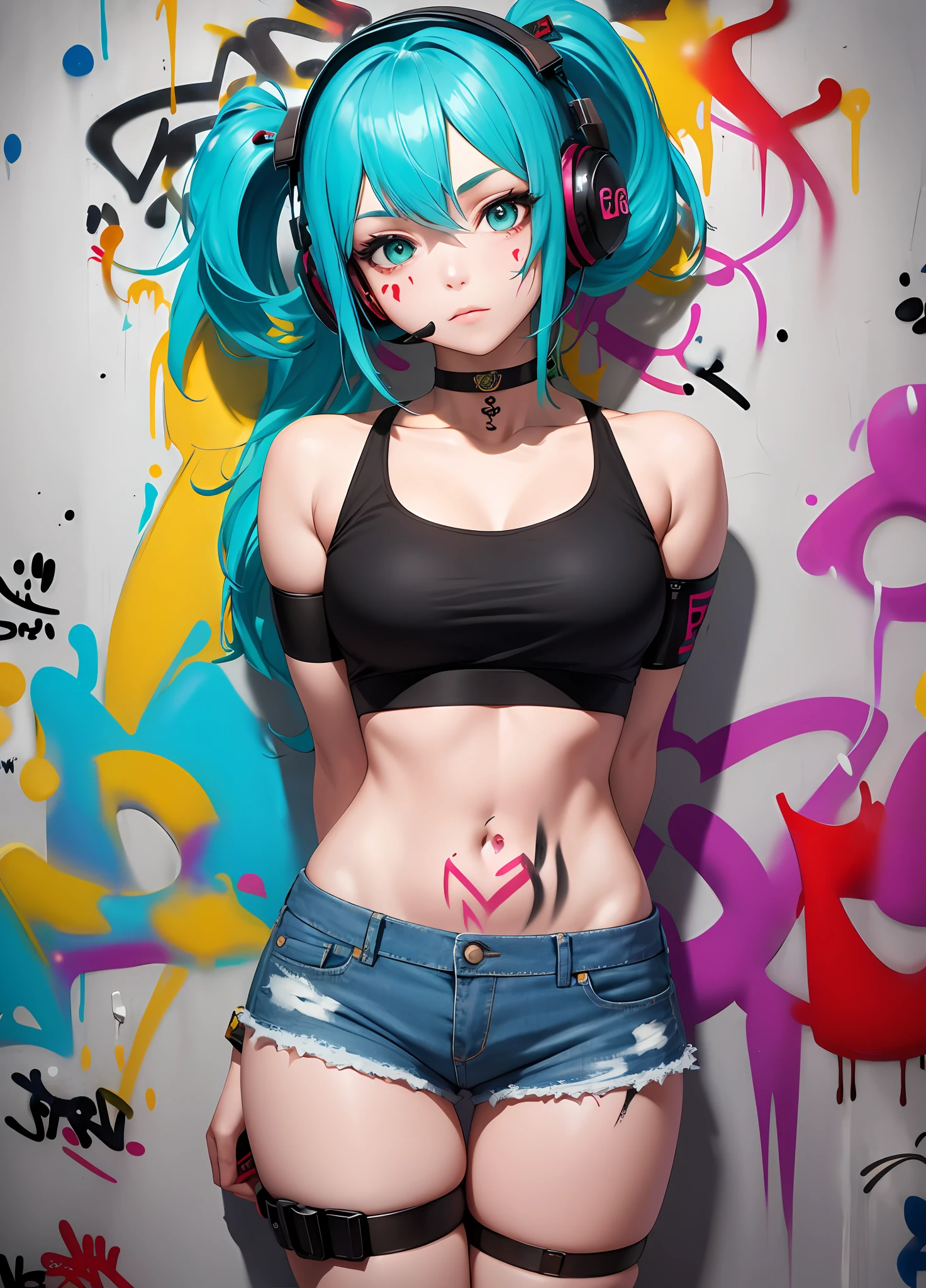 masterpiece, best quality, 1girl, solo, crop top, denim shorts, choker, (graffiti:1.5), paint splatter, arms behind back, against wall, looking at viewer, armband, thigh strap, paint on body, head tilt, bored, multicolored hair, aqua eyes, headset,