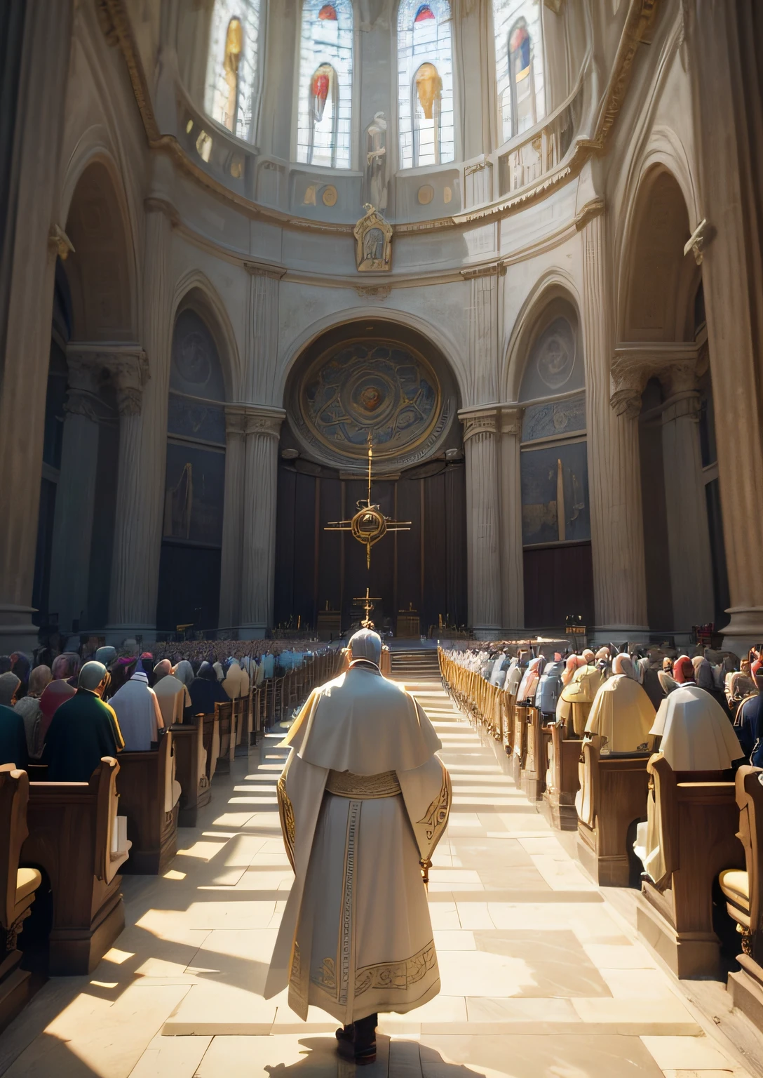 (A splendid church, Pope holding a golden cane, Hand up, The crowd bowed down, The golden sun shines on everyone, The maid holds the magic weapon, Sacred rituals, A sense of mystery, 4K) --auto