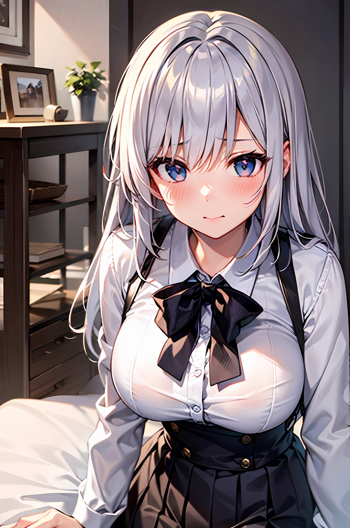 One lady,{Best Quality}, {ultra-detailliert}, {very detailed illustration}, Top image quality,silber hair, Aimei, embarrassed from,breastsout,red blush,Black tie,{Suspender Skirt},suspenders,skirt by the,long-sleeve,Casual clothing,a bed,all-fours,{bustup},front-facing view