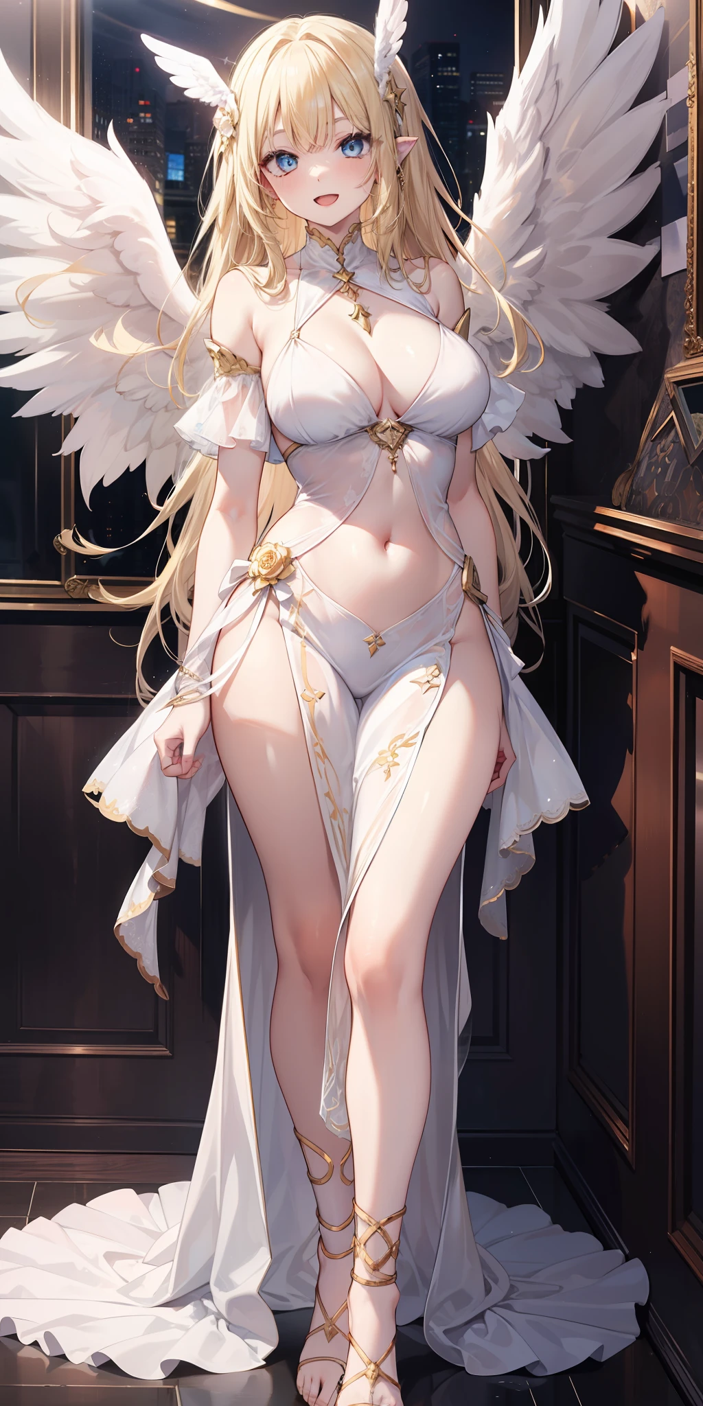 Angel girl, angel wings on back, White dress, pale skin, blue eyes, ear, nose, open mouth, smiling, blonde hair, neck, shoulders, big chest, arms, belly, thin waist, thick legs, big thigh, feet, floor, standing