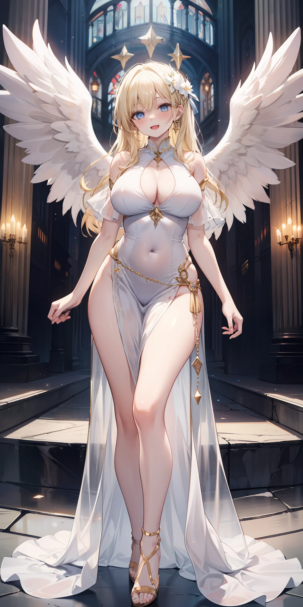 Angel girl, angel wings on back, White dress, pale skin, blue eyes, ear, nose, open mouth, smiling, blonde hair, neck, shoulders, big chest, arms, belly, thin waist, thick legs, big thigh, feet, floor, standing