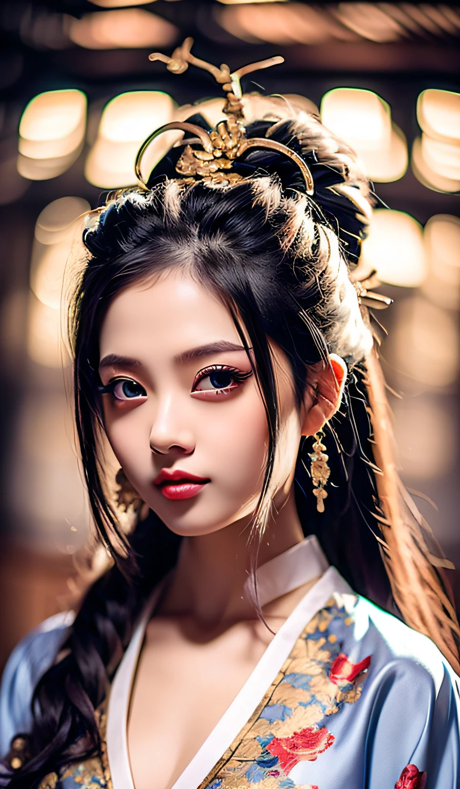 top-quality、masterpiece、hight resolution、Wuxi 1girl、(gold Chinese dress)、((Super beautiful face))、Super beautiful eyes、Super beautiful hair、(cleavage of the breast、exposed breast、Sexy cleavage、very highly detailed breasts)、