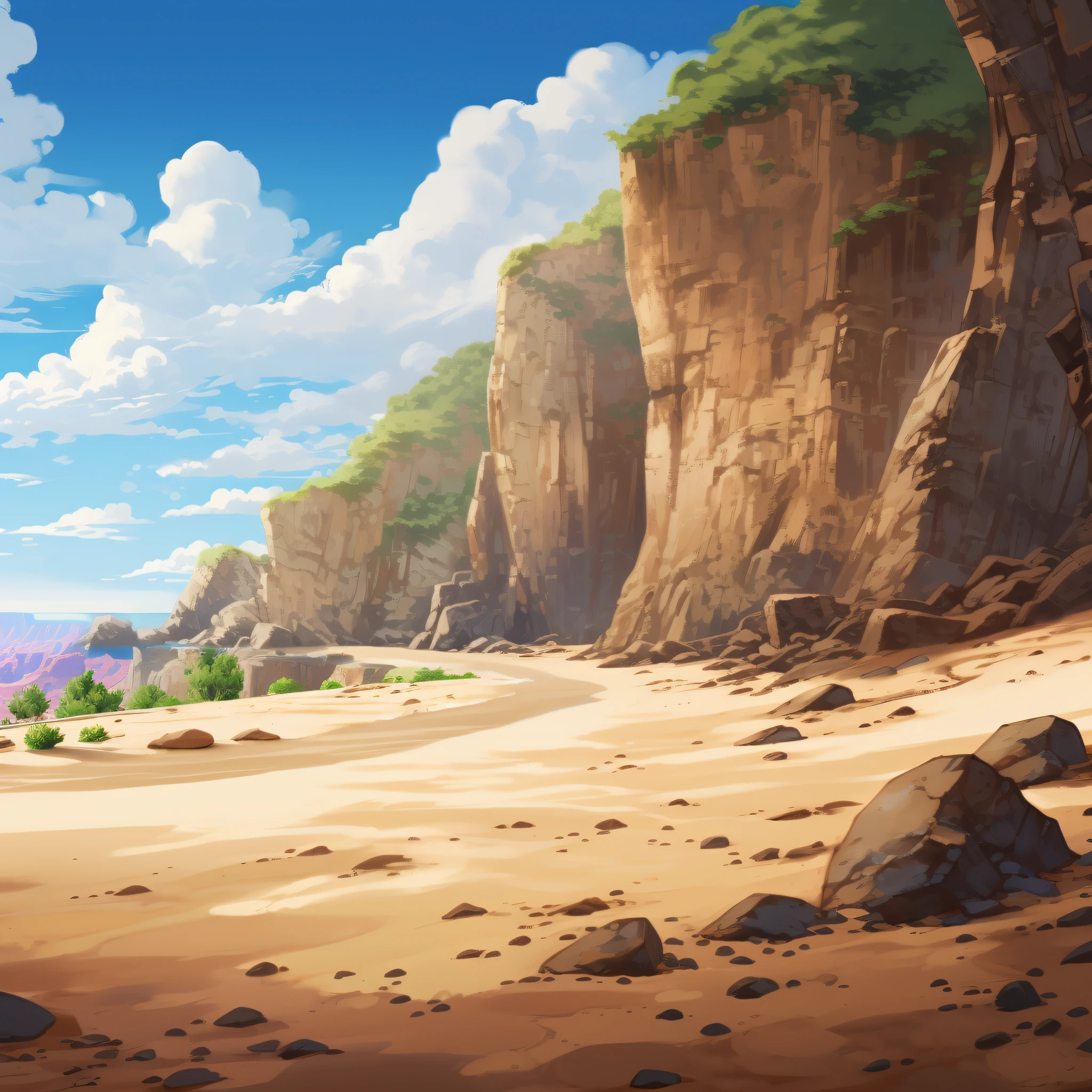 front of a slope, cliff, low hill, soft sand, roughly leveled open space, anime, painting of a desert landscape, canyon background, canyon, background art, ross tran. scenic background, low detailed. digital painting, detailed digital painting, brown canyon background, environment painting, very detailed digital painting, desert mesa, canyons, desert scenery, anime landscape, anime background art, environment art, background artwork, cliffs
