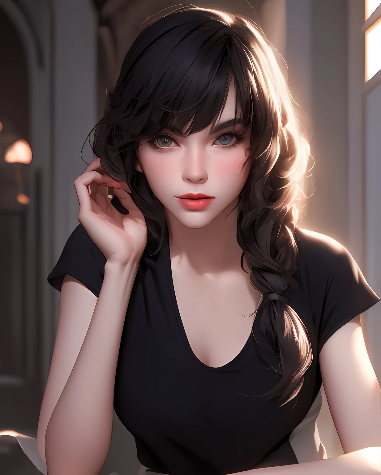 there is a woman with a tattoo on her arm and a black top, she looks like a mix of grimes, portrait of kim petras, anna nikonova aka newmilky, looks like a mix of grimes, with bangs, with full bangs, looks a blend of grimes, belle delphine, she has black hair with bangs, aleksandra waliszewska,((Best quality)), ((masterpiece)), (detailed:1.4), 3D, an image of a beautiful female,HDR (High Dynamic Range),Ray Tracing,NVIDIA RTX,Super-Resolution,Unreal 5,Subsurface scattering,PBR Texturing,Post-processing,Anisotropic Filtering,Depth-of-field,Maximum clarity and sharpness,Multi-layered textures,Albedo and Specular maps,Surface shading,Accurate simulation of light-material interaction,Perfect proportions,Octane Render,Two-tone lighting,Wide aperture,Low ISO,White balance,Rule of thirds,8K RAW