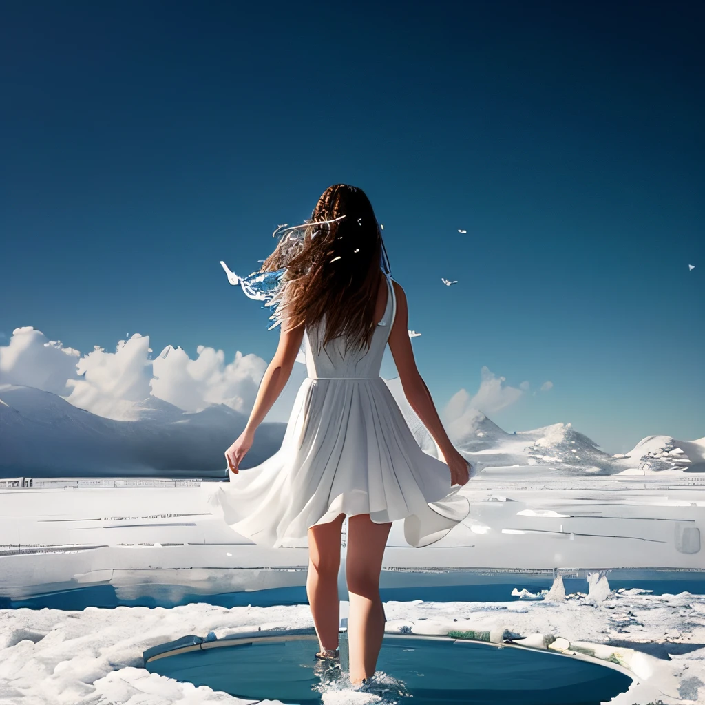 Woman in white dress standing in a pool in the middle of the snowfield, stands in a pool of water, she is approaching heaven, standing on water, wearing a dress made of water, standing in a lake, Anime girl walking on water, walking on the water, inspired by Scarlett Hooft Graafland, Wearing a white flowing dress