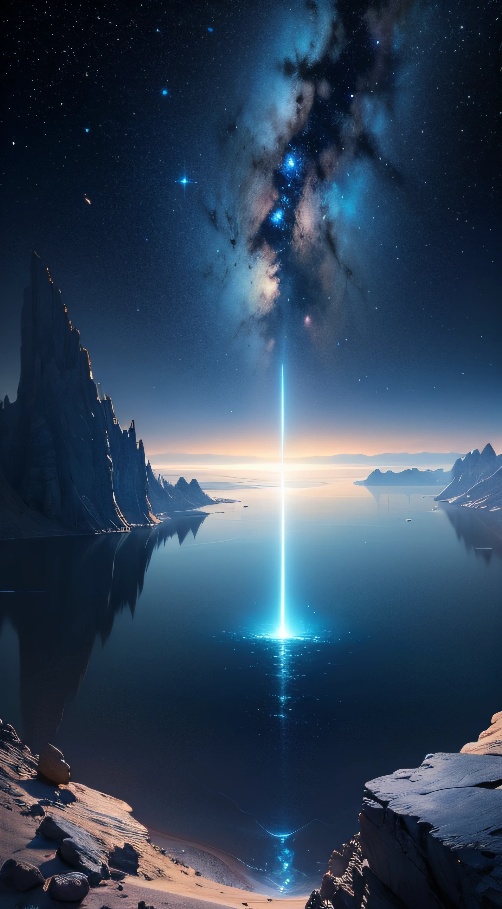 The bottomless blue sea，Starry sky with rivers and distant milky ways, galactic landscape, epic beautiful space scifi, cosmos sem fim no fundo, high detailed digital art, Space landscape --auto