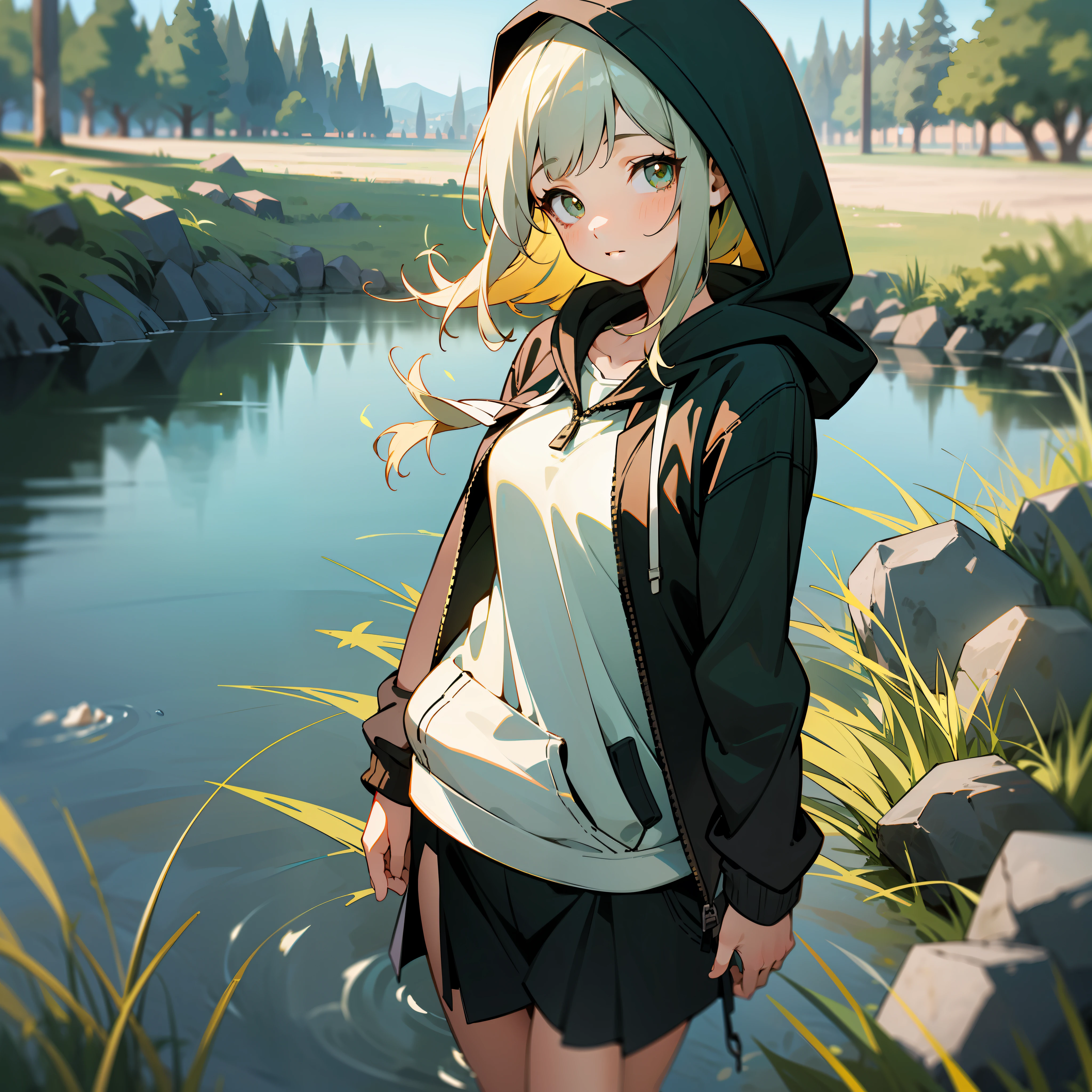 mksks style, (very detailed background:1.0), (highly detailed background:1.0), 1girl, full_body, looking_at_viewer, hoodie, partially_unzipped, masterpiece, best quality, (1girl, solo, girl:1.2), lake, grass, walking on water, jumping, stone ruins, chromatic aberration, depth of field, soft lighting