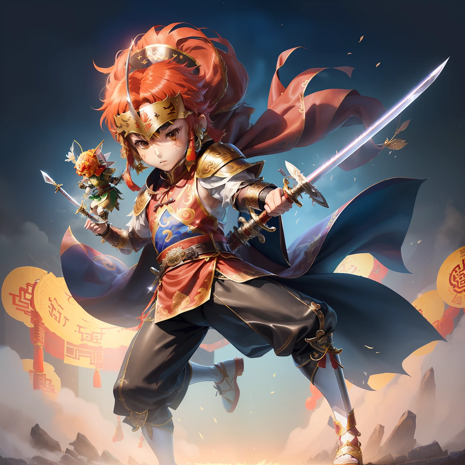 Sword dance anime characters,(Chibi anime characters:1.5),With a mask.,(tchibi:2.2),(Solo:1.5),(sword:1.5),(Chinese wind:1.2),(Chivalrous type:1.4),(Sword dance:1.2),Large range of action,(blindfolds:1.3),(Big action:1.5),(Male characters:1.8),(Long sword:1.5),(Chinese style clothing:1.5),(Bunched hair:1.5),Male,(Sword fighting moves:1.7),(Yu Pei:1.2),Hair accessories,(Delicate belt:1.2),Pattern,Pattern,(leather shoulder armor:1.1),(sword dance action:1.5),Wu Jian in action,Cloak,(Chinese shoes:1.2),(Chinese fairy costume:1.6),(Headwear:0.9),waistup,(Belt accessories:1.1),Garment edges,Long knees,
