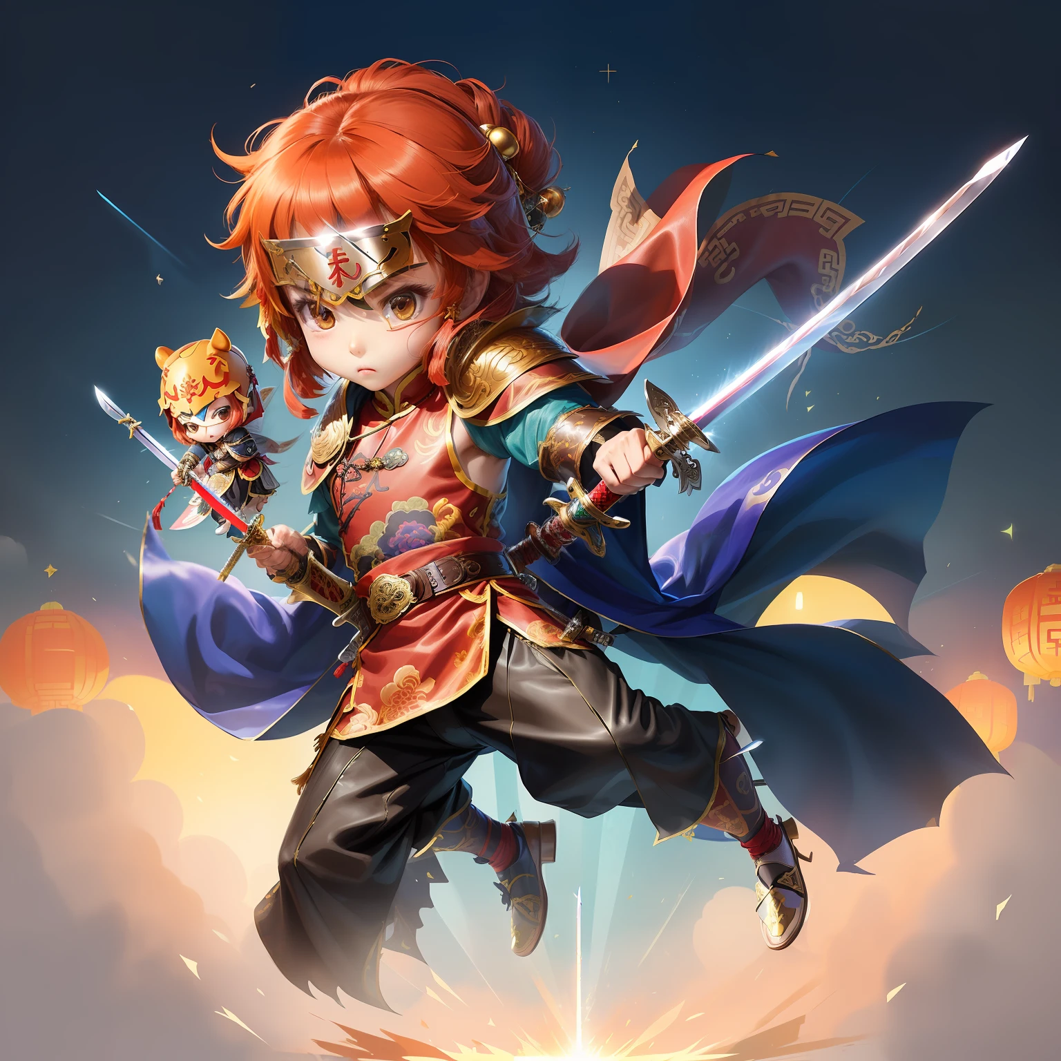 Sword dance anime characters,(Chibi anime characters:1.5),With a mask.,(tchibi:2.2),(Solo:1.5),(sword:1.5),(Chinese wind:1.2),(Chivalrous type:1.4),(Sword dance:1.2),Large range of action,(blindfolds:1.3),(Big action:1.5),(Male characters:1.8),(Long sword:1.5),(Chinese style clothing:1.5),(Bunched hair:1.5),Male,(Sword fighting moves:1.7),(Yu Pei:1.2),Hair accessories,(Delicate belt:1.2),Pattern,Pattern,(leather shoulder armor:1.1),(sword dance action:1.5),Wu Jian in action,Cloak,(Chinese shoes:1.2),(Chinese fairy costume:1.6),(Headwear:0.9),waistup,(Belt accessories:1.1),Garment edges,Long knees,