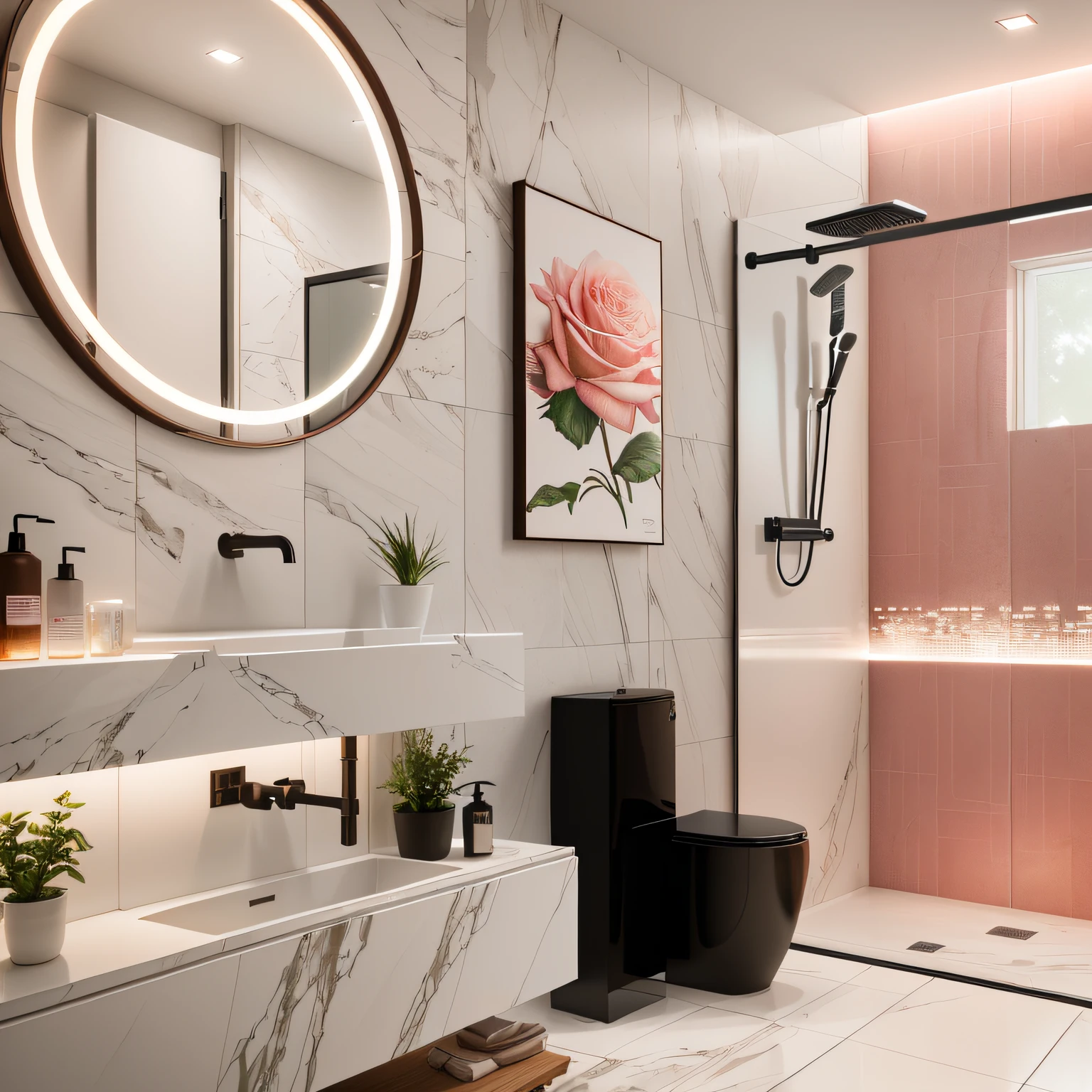 There is a bathroom with a ROSA sink, espelho, e um chuveiro rosa, banheiro moderno rosa, unreal engine realistic render, Unreal 5 motor highlly renderizar, very realistic render, detalhado unreal engine 5 render, design de banheiro premium, Motor Unreal 5 altamente renderizado, hyper realistic detailed rendering, unreal engine 5 quality render, natural realistic render, renderizar no Unreal Engine 5, detailed archviz render, Vidro rosa, Barbie, Piso Rosa, espelho rosa, imagem rosa, flor cor-de-rosa, torneira rosa, Atmosfera Rosa , TOALHA ROSA, PAREDE ROSA, PINTURA ROSA, MADEIRA ROSA --auto