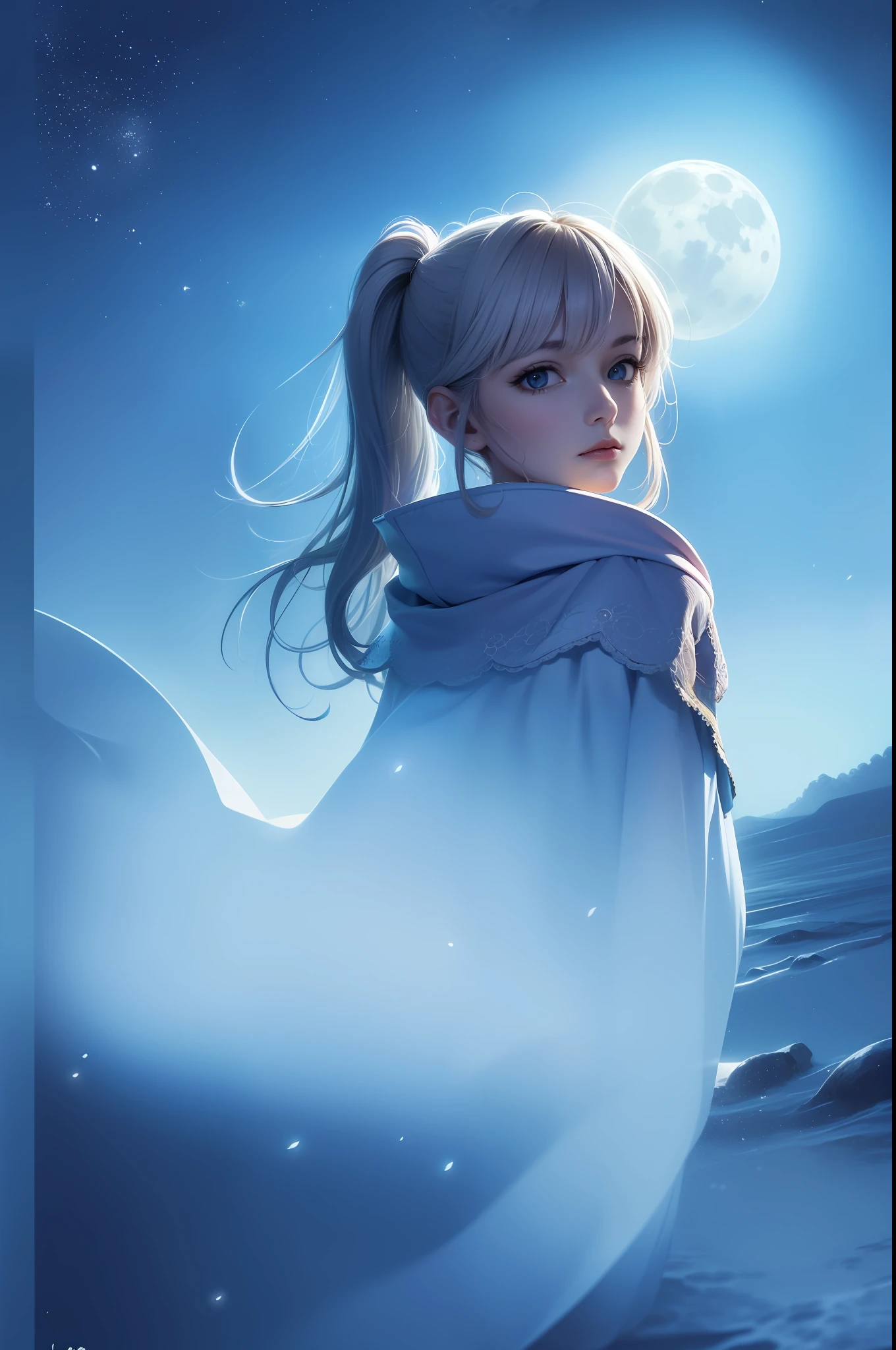 Masterpiece, (Best Quality: 1.2), (Super Fine: 1.2), Illustration, (Extremely Delicate and Beautiful: 1.2), Film Angle, Floating, (Beautiful Detail Eye: 1.1), (Detail Light: 1.1), Film Lights, Delicate Sky, Woman, White Hair, Blue Eyes, (High Ponytail: 1.1), Cloak, Glowing Eyes, (Moon: 1.2), (Moonlight: 1.1), Starry Sky, (Light Particles: 1.1), Fog , snow painting, sketching, blooming