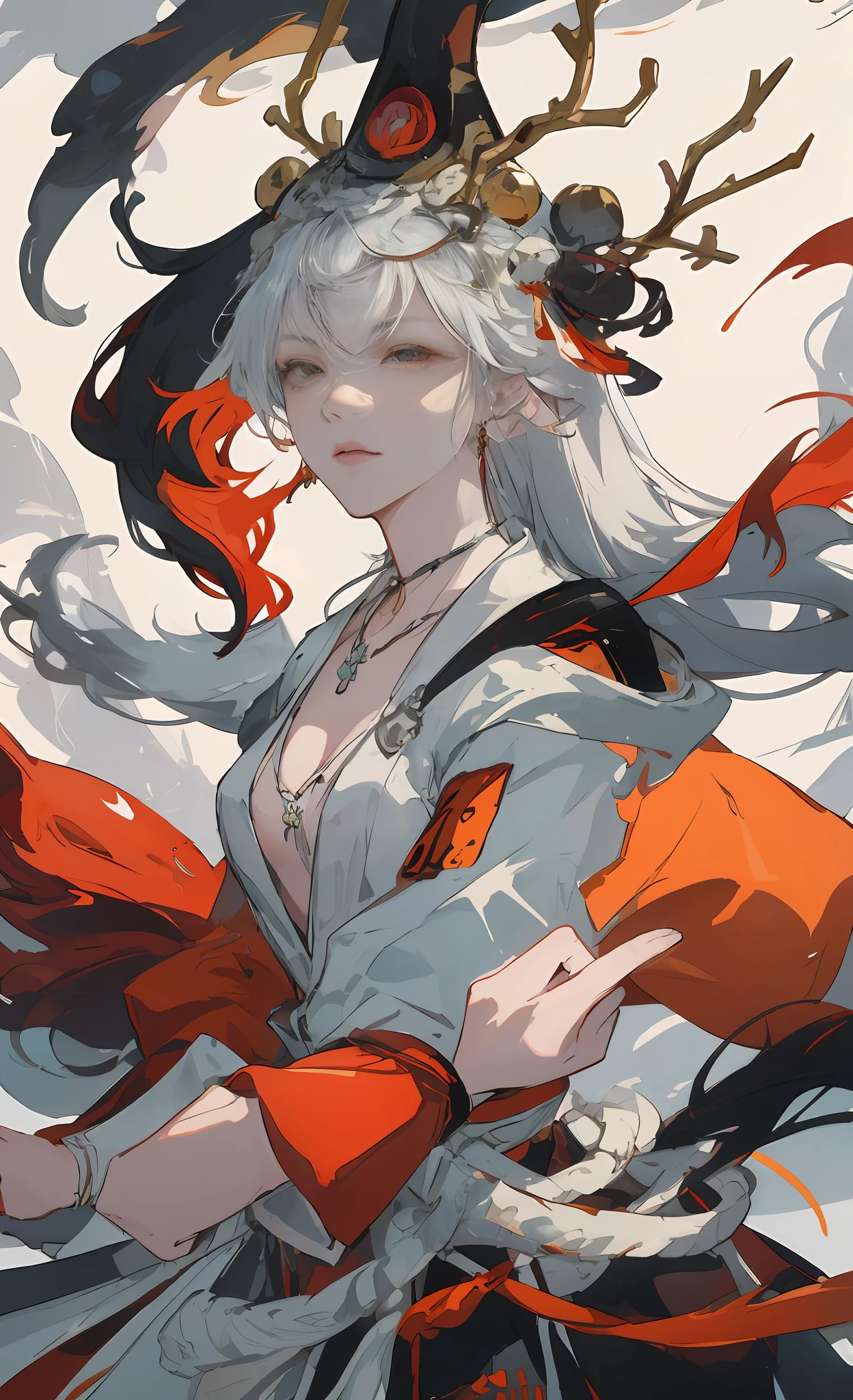 Detailed picture,HighestQuali,tmasterpiece,Indifferent face,Delicate body,clear clothing,Original costume,1girll,独奏,long whitr hair,colored sclera,Japanese clothes,nedium breasts,Japanese armor,Side sitting,Wallpapers,HighestQuali,Highest definition,tmasterpiece,flower sea,Breeze in the wind,Flowing hem and long hair,gouache painting,Red pants