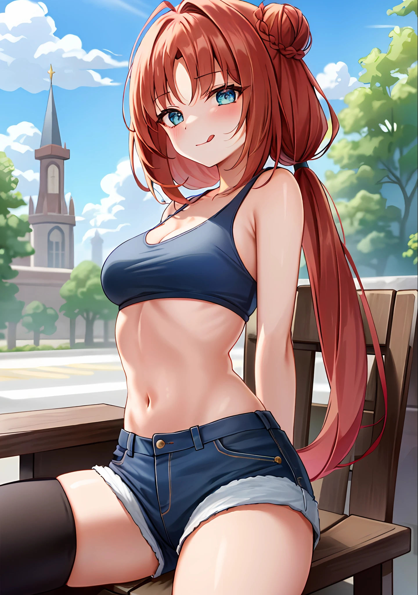 (masterpiece, best quality, ultra-detailed), nilou \(genshin impact\), (red hair), cone hair bun, twin tails, long hair, swept bangs, braid, braided bangs, blue eyes, blue eyes,
(wearing a t-shirt:1.2), sitting on a chair outside of caf, embracing the natural beauty, sunlight, beautiful cloudy sky, city, street, denim shorts, black stocking,
medium breasts, thick thighs, critical angle, cowboy shot, arm behind head, arm behind back, armpits, tongue out, crop top, strong and seductive expressions,,