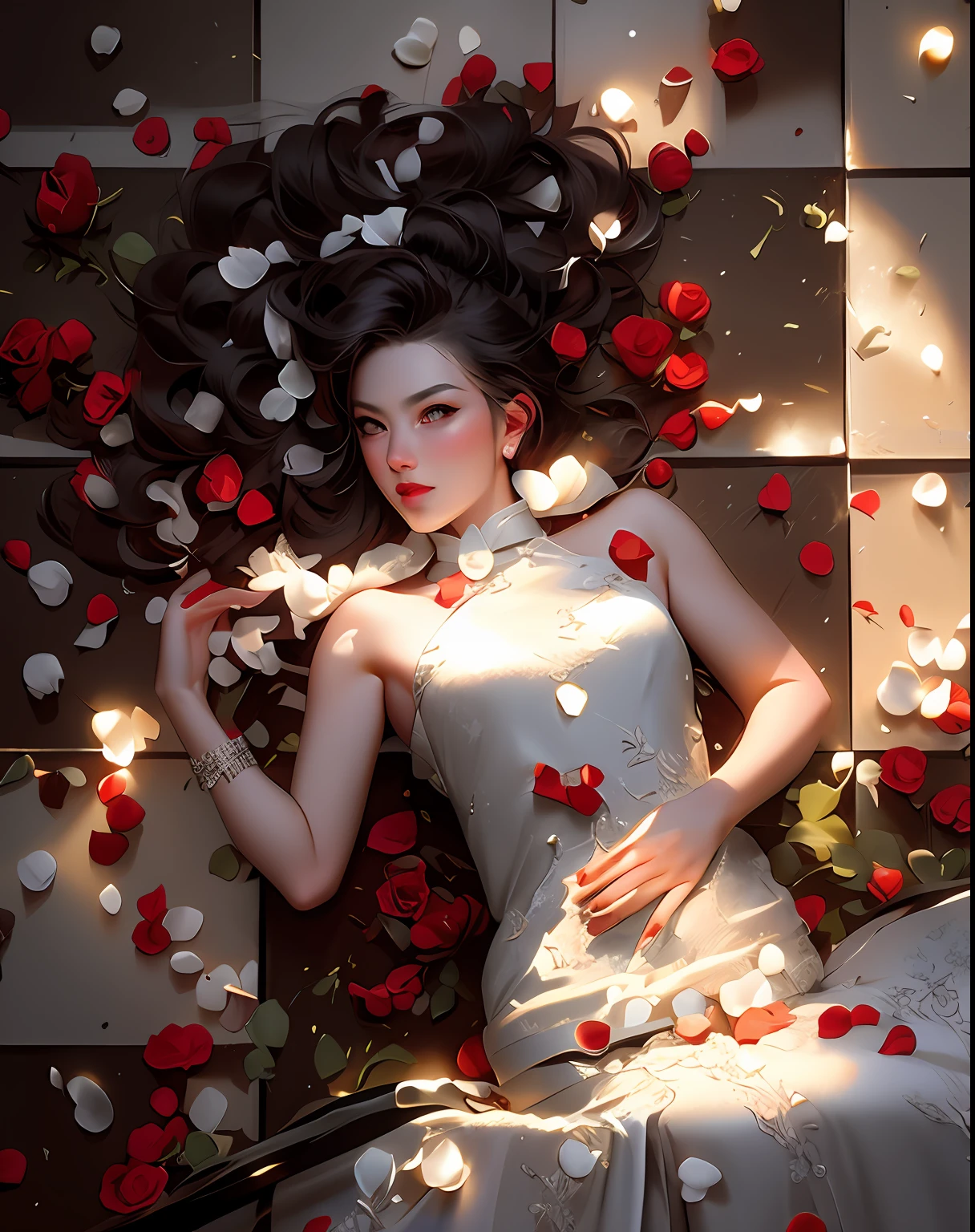 arafed woman in a white dress laying on a bed of roses, laying on roses, perky woman made of petals, falling red petals, red rose in hair, roses in her hair, mai anh tran, with frozen flowers around her, fine art fashion photography, bed of flowers on floor, petals falling, fashion photograhy, high fashion photography, glamour photography,beautiful line art, detailed manga style, extremely fine ink lineart, black and white manga style, black and white line art, ink manga drawing, intense line art, pencil and ink manga drawing, intense black line art, in style of manga, exquisite line art, perfect lineart,exquisite line art, exquisite digital illustration, detailed digital drawing, black and white coloring, digital anime illustration, a beautiful artwork illustration, detailed matte fantasy portrait, beautiful line art, great digital art with details, goddess. extremely high detail, 4k detailed digital art, stunning digital illustration, digital fantasy illustration,((Best quality)), ((masterpiece)), (detailed:1.4), 3D, an image of a beautiful female,HDR (High Dynamic Range),Ray Tracing,NVIDIA RTX,Super-Resolution,Unreal 5,Subsurface scattering,PBR Texturing,Post-processing,Anisotropic Filtering,Depth-of-field,Maximum clarity and sharpness,Multi-layered textures,Albedo and Specular maps,Surface shading,Accurate simulation of light-material interaction,Perfect proportions,Octane Render, Two-tone lighting,Wide aperture,Low ISO,White balance,Rule of thirds,8K RAW