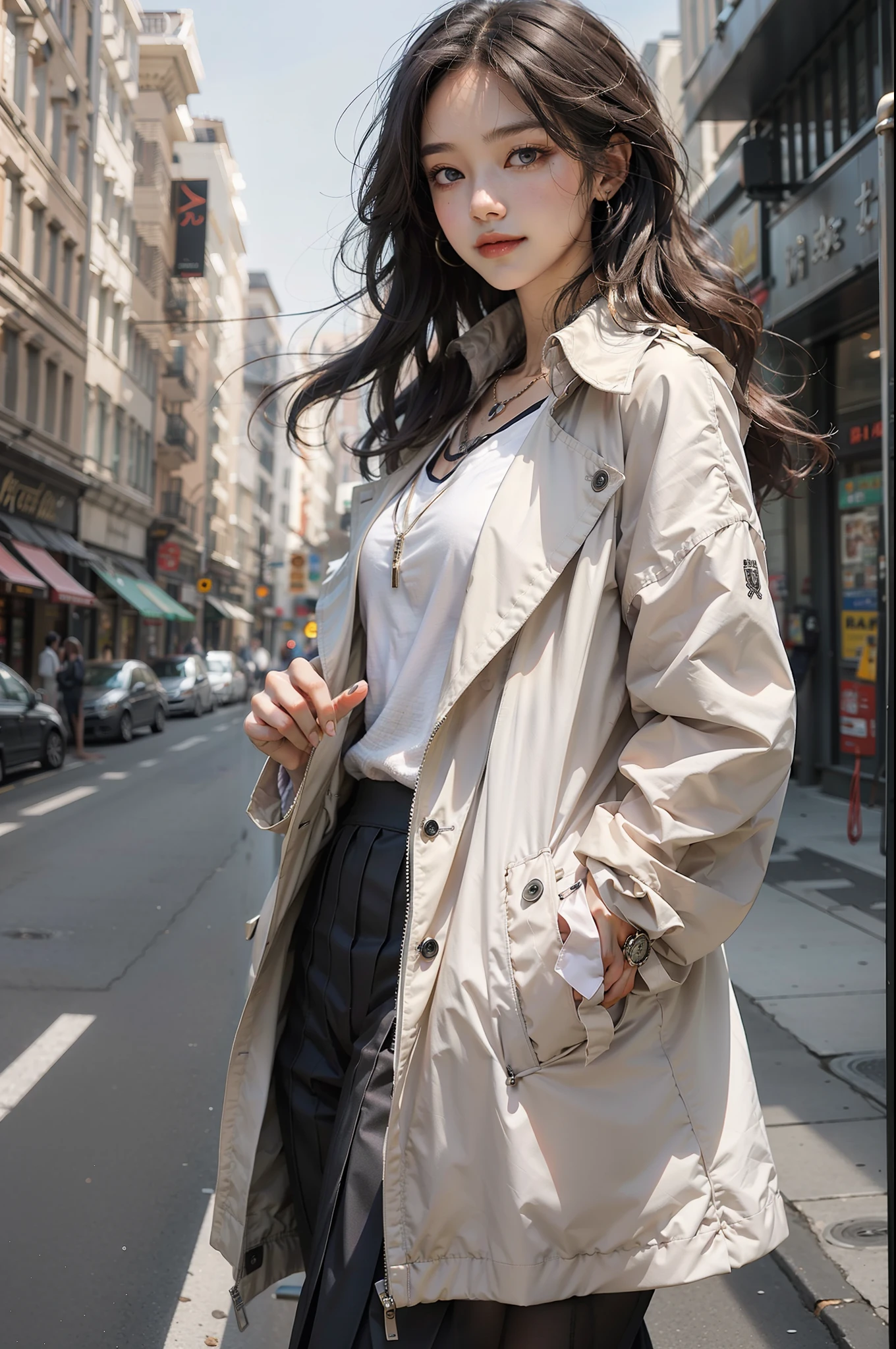 one-girl,Girl in fashion sweatshirt trench coat long skirt front poster,The color of the clothes is bright and simple,Cute, Very aesthetic,Realistic style anime,ssmile,self-assured,Put your hands in your pockets,tmasterpiece,ultraclear,8k,HighestQuali,