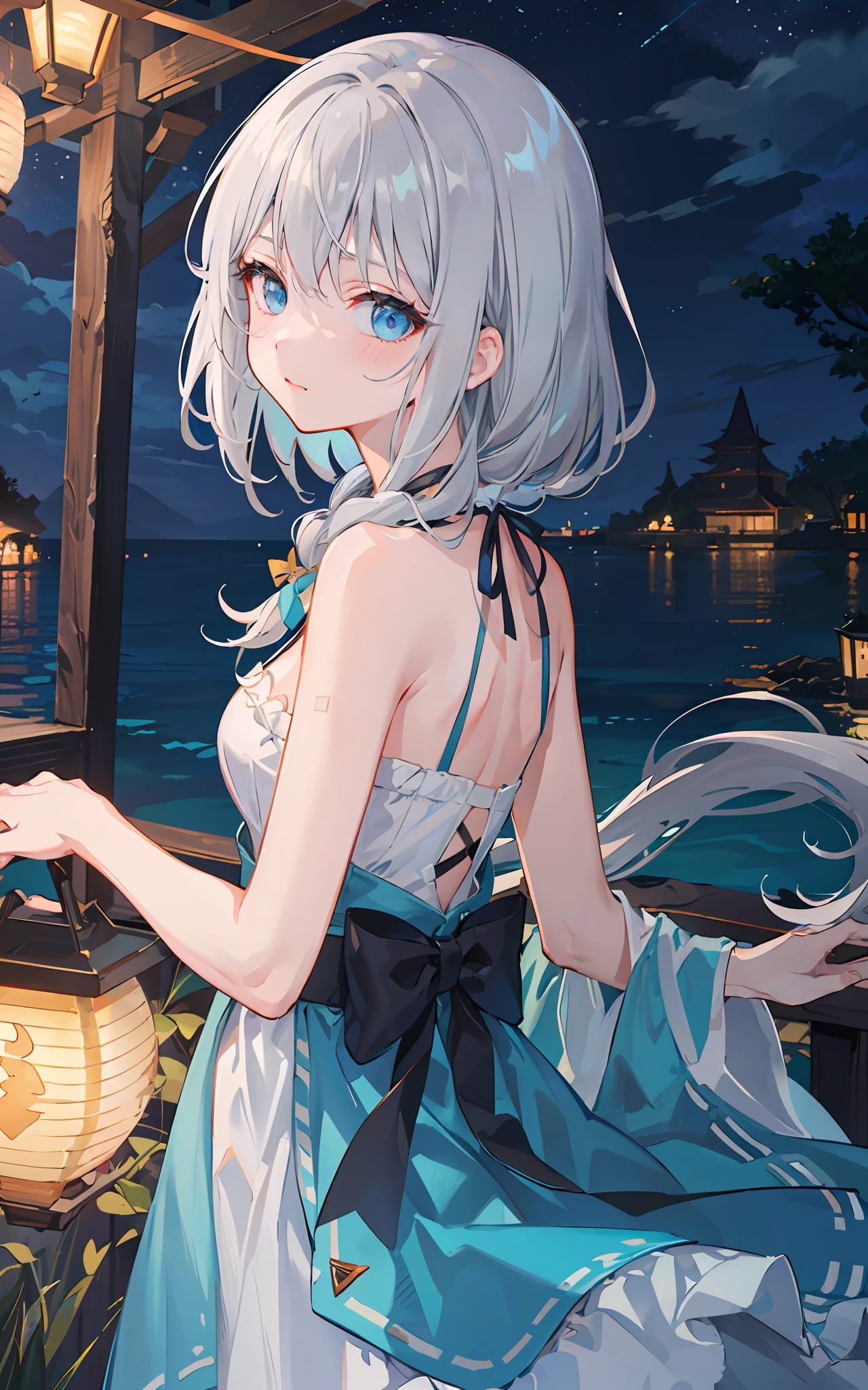 ((masterpiece: 1.4, best quality), extremely detailed CG, gray hair turquoise eyes, sea tide, darkness, dark night, lantern, girl, reef, close-up, side