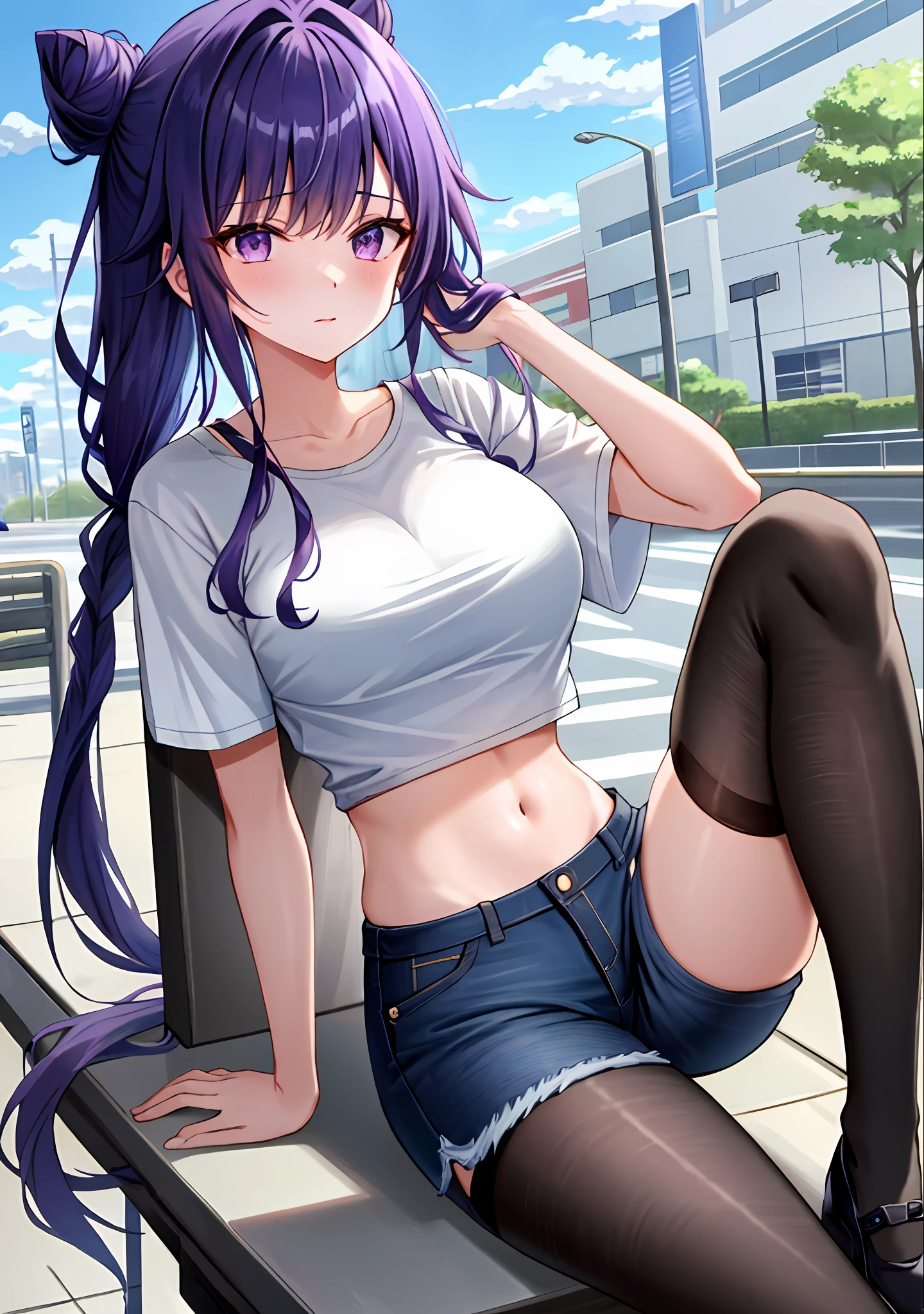 (masterpiece, best quality, ultra-detailed), Raiden shogun \(genshin impact\), (purple hair), cone hair bun, twin tails, long hair, swept bangs, braid, braided bangs, purple eyes, pink eyes,
(wearing a t-shirt:1.2), sitting on a chair outside of caf, embracing the natural beauty, sunlight, beautiful cloudy sky, city, street, denim shorts, black stocking,
medium breasts, thick thighs, critical angle, cowboy shot, arm behind head, arm behind back, armpit, stongue out, crop top, strong and seductive expressions,,