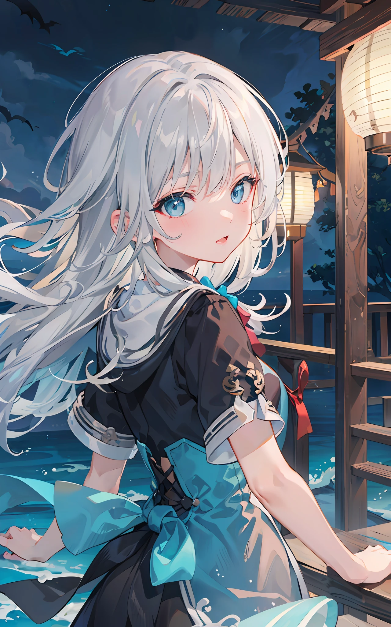 ((masterpiece: 1.4, best quality), extremely detailed CG, gray hair turquoise eyes, sea tide, darkness, dark night, lantern, girl, reef, close-up, side