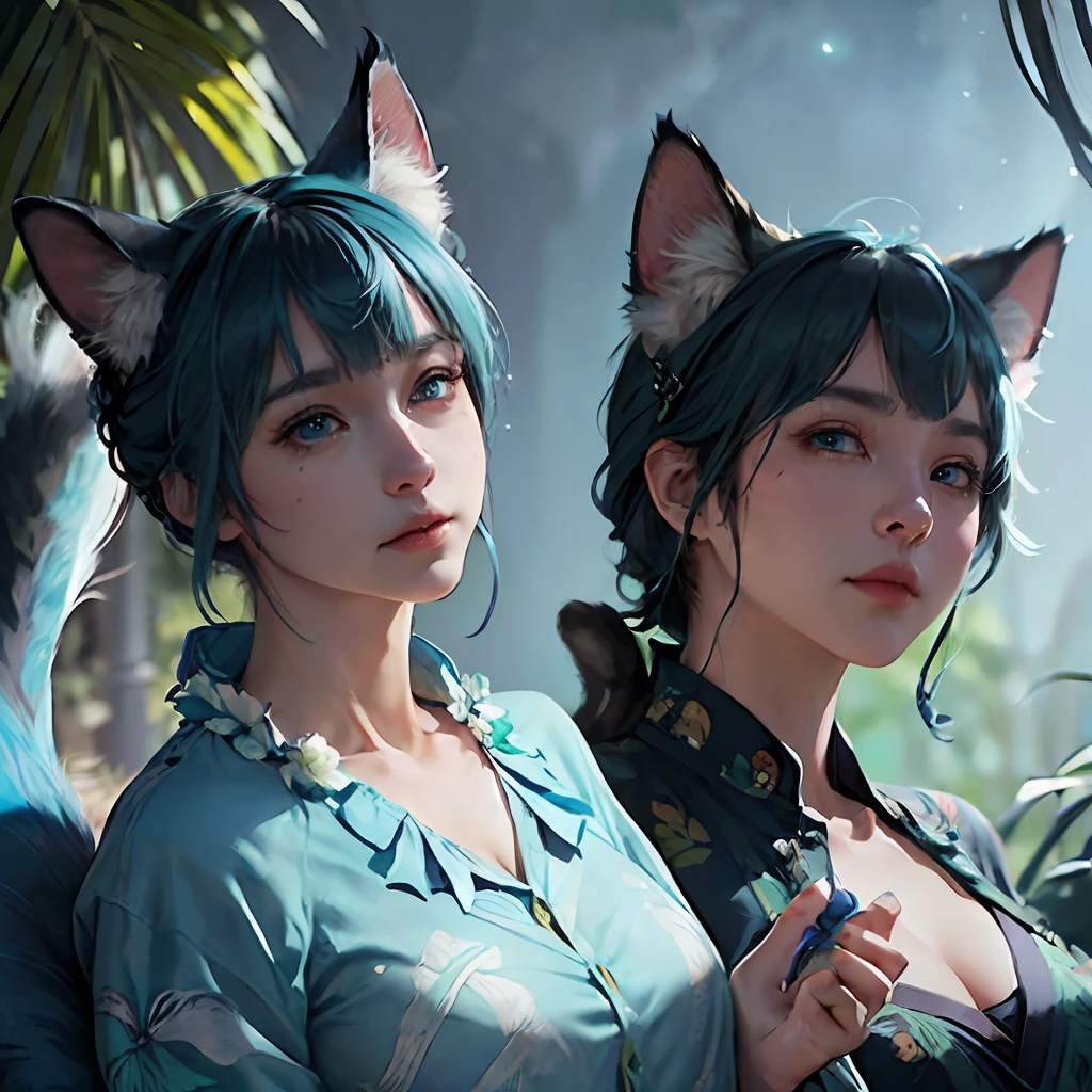 Uploaded to e621, Pixelsketcher, Bayard Wu, Thomas Benjamin Kennington, Einshelm, Solo (((wildlife wildlife)) (((cat))) with ((neck tuft)) and (fluffy tail) and ( (clear navy blue eyes), ((portrait)), BREAK, ((wears green and blue Hawaiian floral shirt)), (detailed Chunie cat tail), (detailed Bonif asko lighting), (detailed fur), (detailed skin), BREAK, ((Night of full moon sitting in community)), (movie lighting), ((detailed background)), ((high view)), (((three quarter view))), (bust shadow), [backlight], [twilight light], [detailed ambient light], [grey natural light], [abdominal ambient light], (higher wildlife wild detail), [realistic scale], [clear content], [ sharp focus], (suspicious content), (shaded), ((masterpiece)), BREAK --auto
