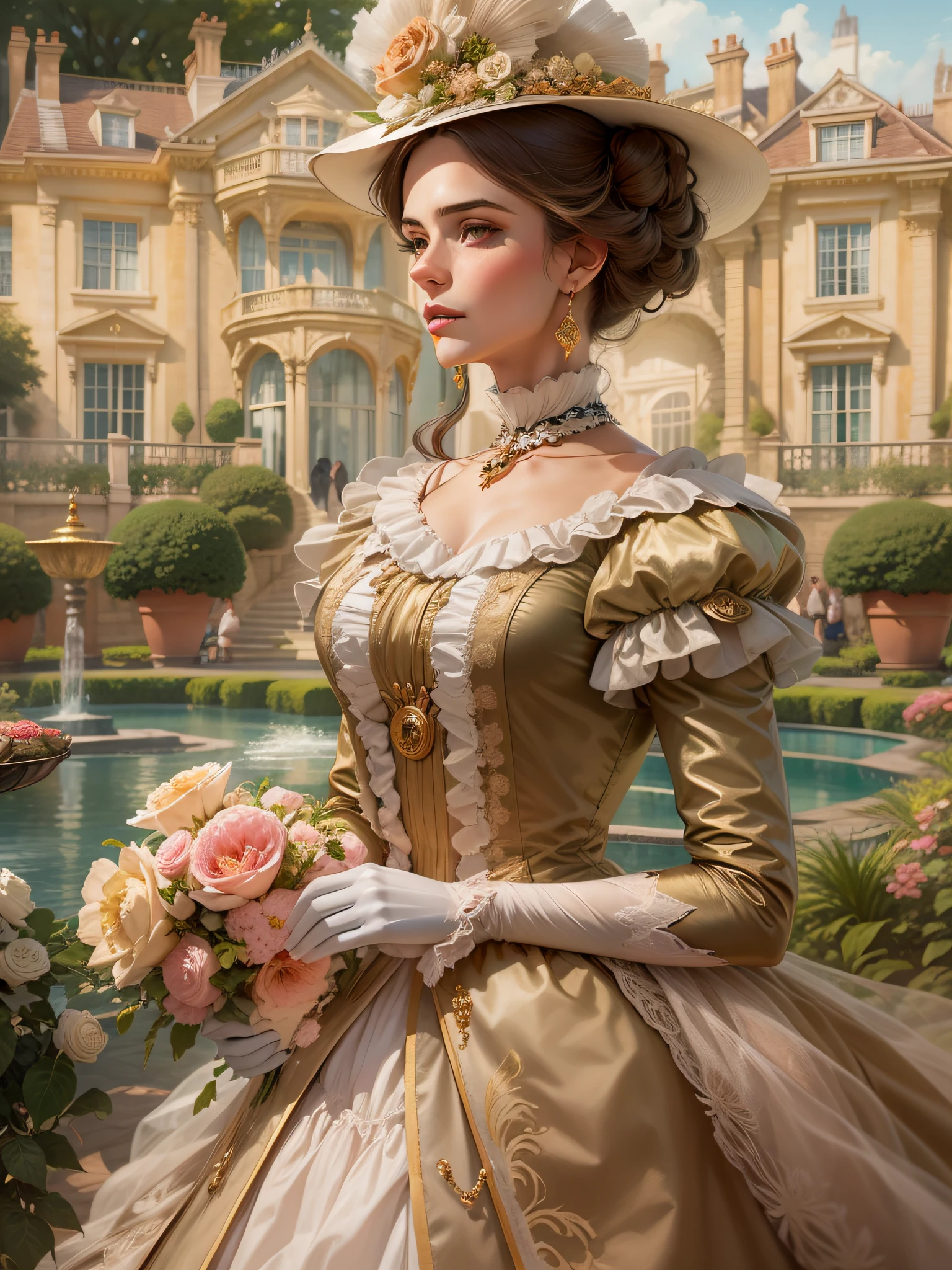 Junte-se a Lady Isabella, uma aristocrata em seu traje luxuoso, enquanto ela participa de uma sofisticada festa no jardim. Set against the backdrop of an opulent mansion and a flourishing English garden, It symbolizes the elegance and privilege of the Victorian upper class.