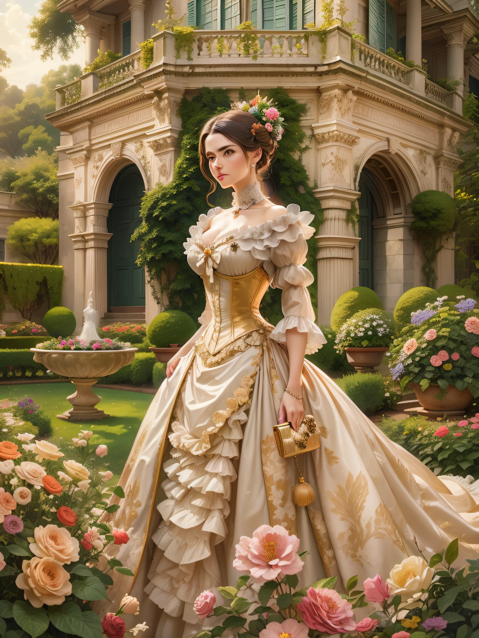 Junte-se a Lady Isabella, uma aristocrata em seu traje luxuoso, enquanto ela participa de uma sofisticada festa no jardim. Set against the backdrop of an opulent mansion and a flourishing English garden, It symbolizes the elegance and privilege of the Victorian upper class.