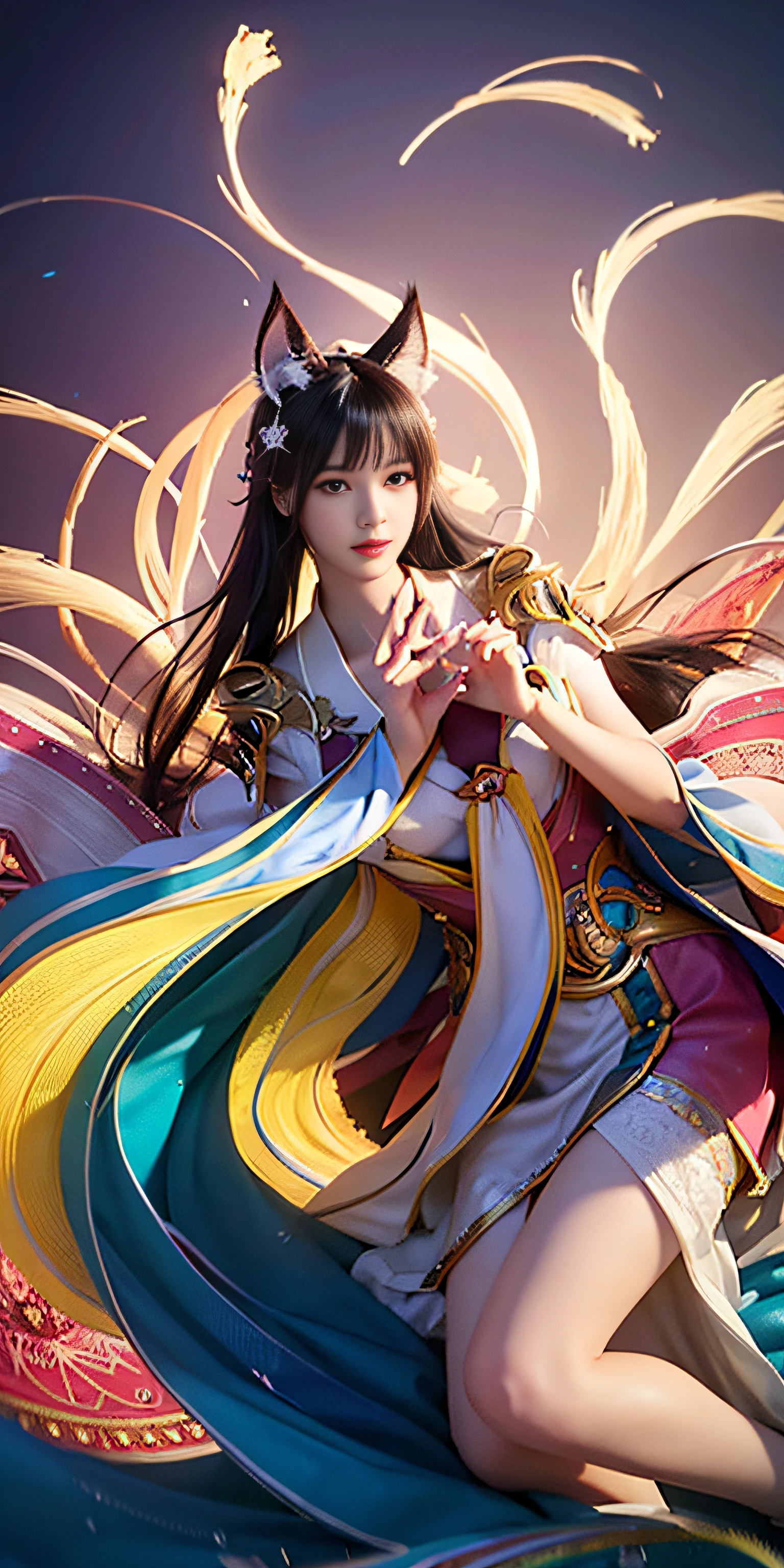ahri, 1girl in, portlate, Solo, 9 tails, flower field, florals, (White smoke:1.3) (Photorealistic:1.4), Zentangle, mandalas, Entangle, Official art, Unity 8k壁纸, ultra-detailliert, Beautiful and aesthetic, masutepiece, Best Quality, (Dynamic Angle:1.4), Glowing skin, (floating colorful sparkles:1) Most Beautiful Form of Chaos, Elegant, a brutalist designed, vivd colour, Romanticism Depth of Field