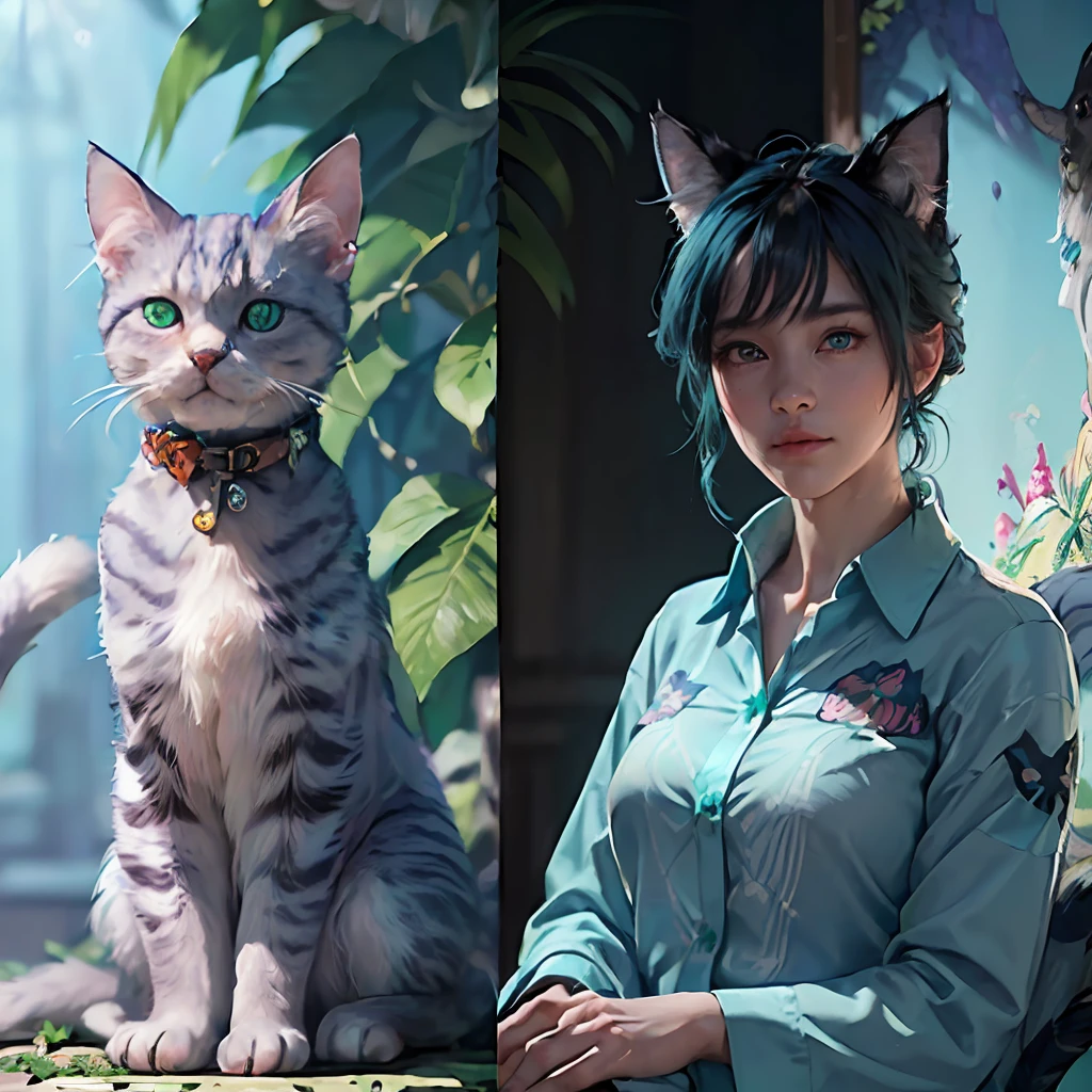 Uploaded to e621, Pixelsketcher, Bayard Wu, Thomas Benjamin Kennington, Einshelm, Solo (((wildlife wildlife)) (((cat))) with ((neck tuft)) and (fluffy tail) and ( (clear navy blue eyes), ((portrait)), BREAK, ((wears green and blue Hawaiian floral shirt)), (detailed Chunie cat tail), (detailed Bonif asko lighting), (detailed fur), (detailed skin), BREAK, ((Night of full moon sitting in community)), (movie lighting), ((detailed background)), ((high view)), (((three quarter view))), (bust shadow), [backlight], [twilight light], [detailed ambient light], [grey natural light], [abdominal ambient light], (higher wildlife wild detail), [realistic scale], [clear content], [ sharp focus], (suspicious content), (shaded), ((masterpiece)), BREAK --auto