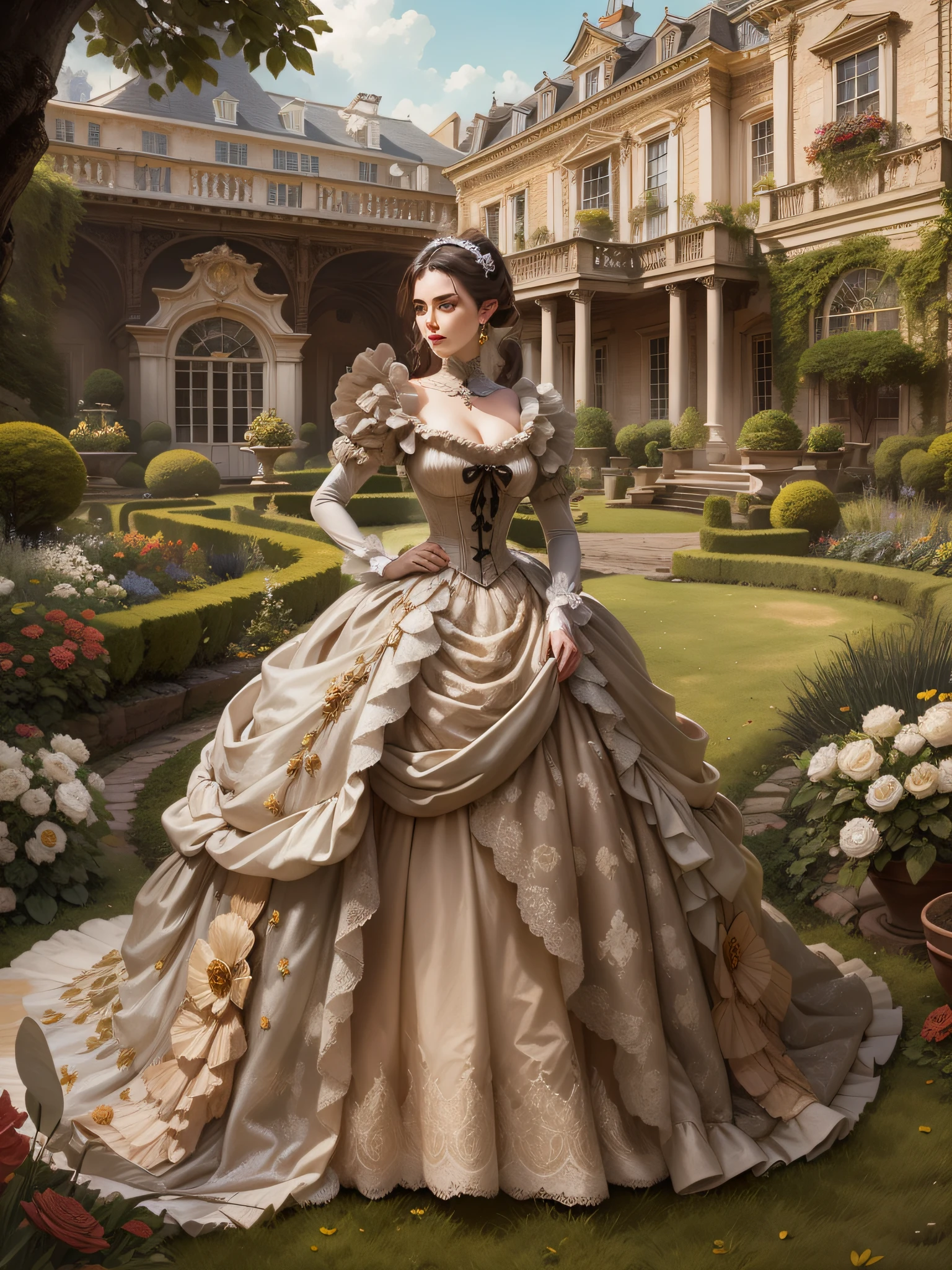 Junte-se a Lady Isabella, uma aristocrata em seu traje luxuoso, enquanto ela participa de uma sofisticada festa no jardim. Set against the backdrop of an opulent mansion and a flourishing English garden, It symbolizes the elegance and privilege of the Victorian upper class.