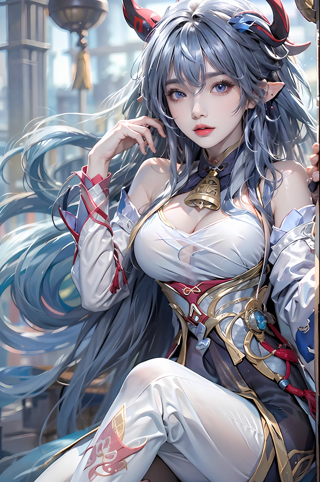 pphotorealistic, high resolution, 1 woman, blue long hair, beautiful eyes, normal breast, ganyu clothes,gloves, horns, neck bell, pantyhose, purple eyes, sidelocks, tassel, white sleeves,(ganyu \(genshin impact\))
