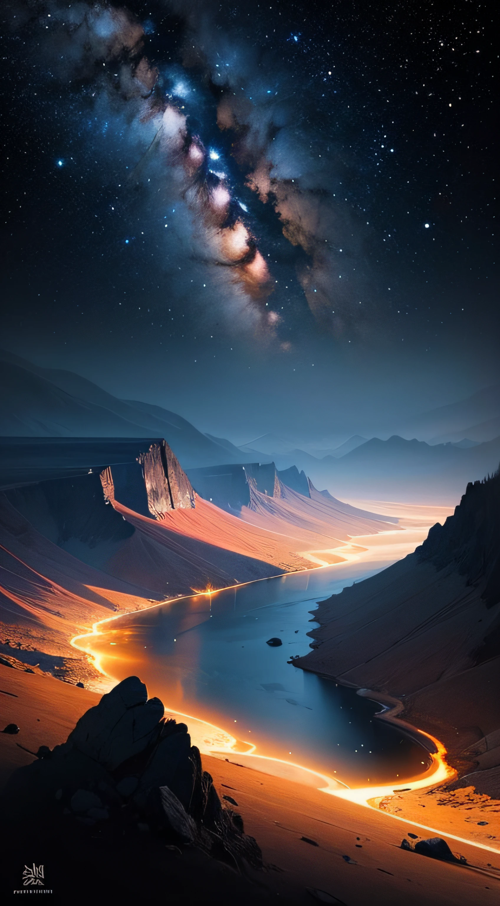 The bottomless blue sea，Starry sky with rivers and distant milky ways, galactic landscape, epic beautiful space scifi, cosmos sem fim no fundo, high detailed digital art, Space landscape --auto