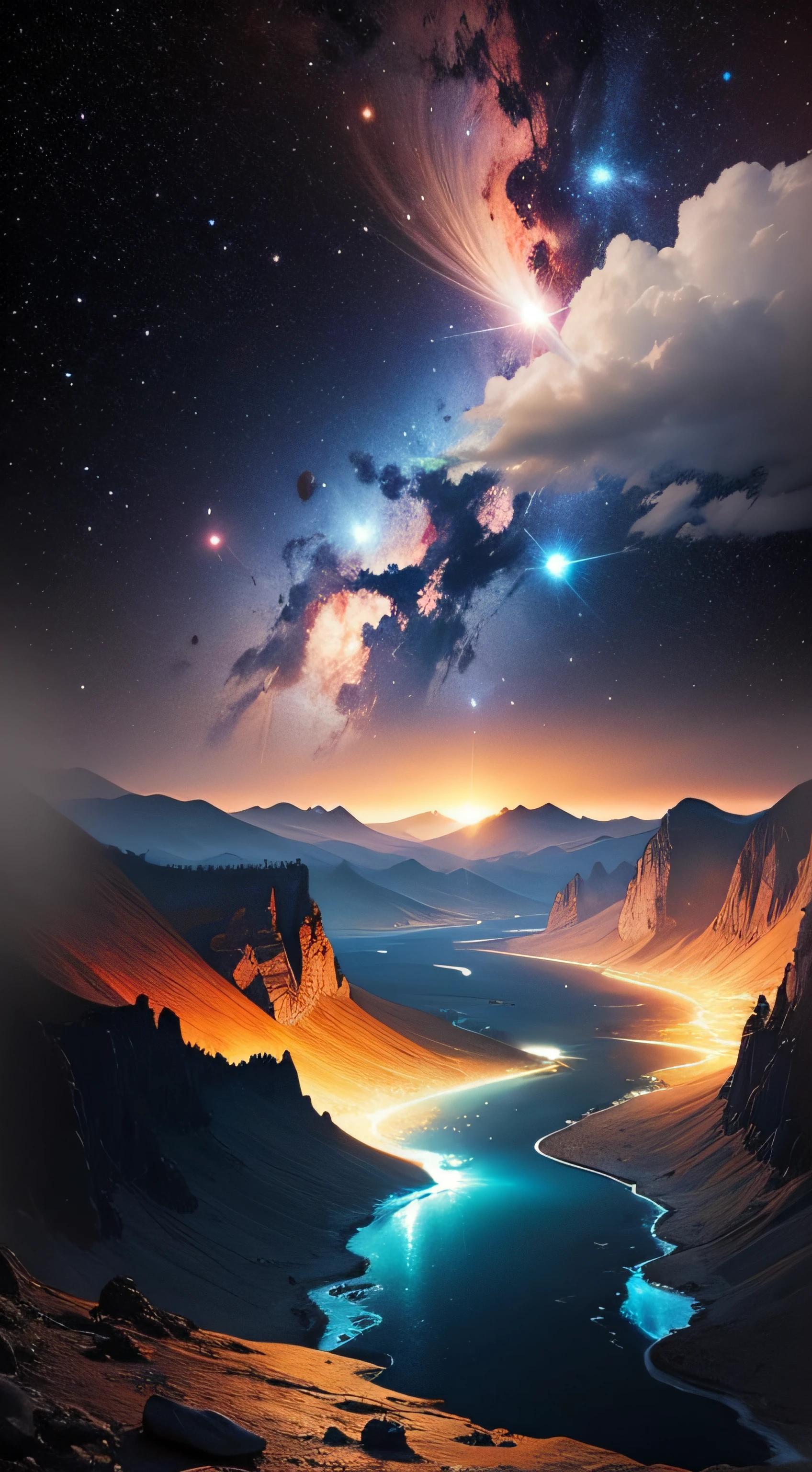 The bottomless blue sea,Starry sky with rivers and distant milky ways, galactic landscape, epic beautiful space scifi, cosmos sem fim no fundo, high detailed digital art, Space landscape --auto