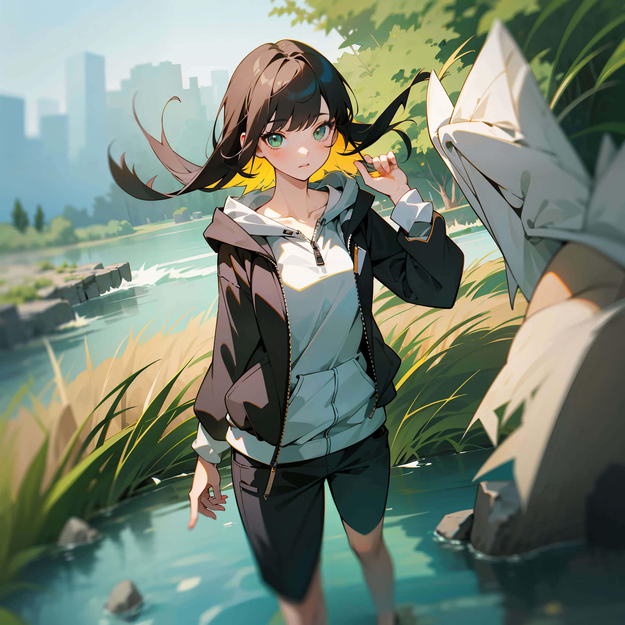 mksks style, (very detailed background:1.0), (highly detailed background:1.0), 1girl, full_body, looking_at_viewer, hoodie, partially_unzipped, masterpiece, best quality, (1girl, solo, girl:1.2), lake, grass, walking on water, jumping, stone ruins, chromatic aberration, depth of field, soft lighting